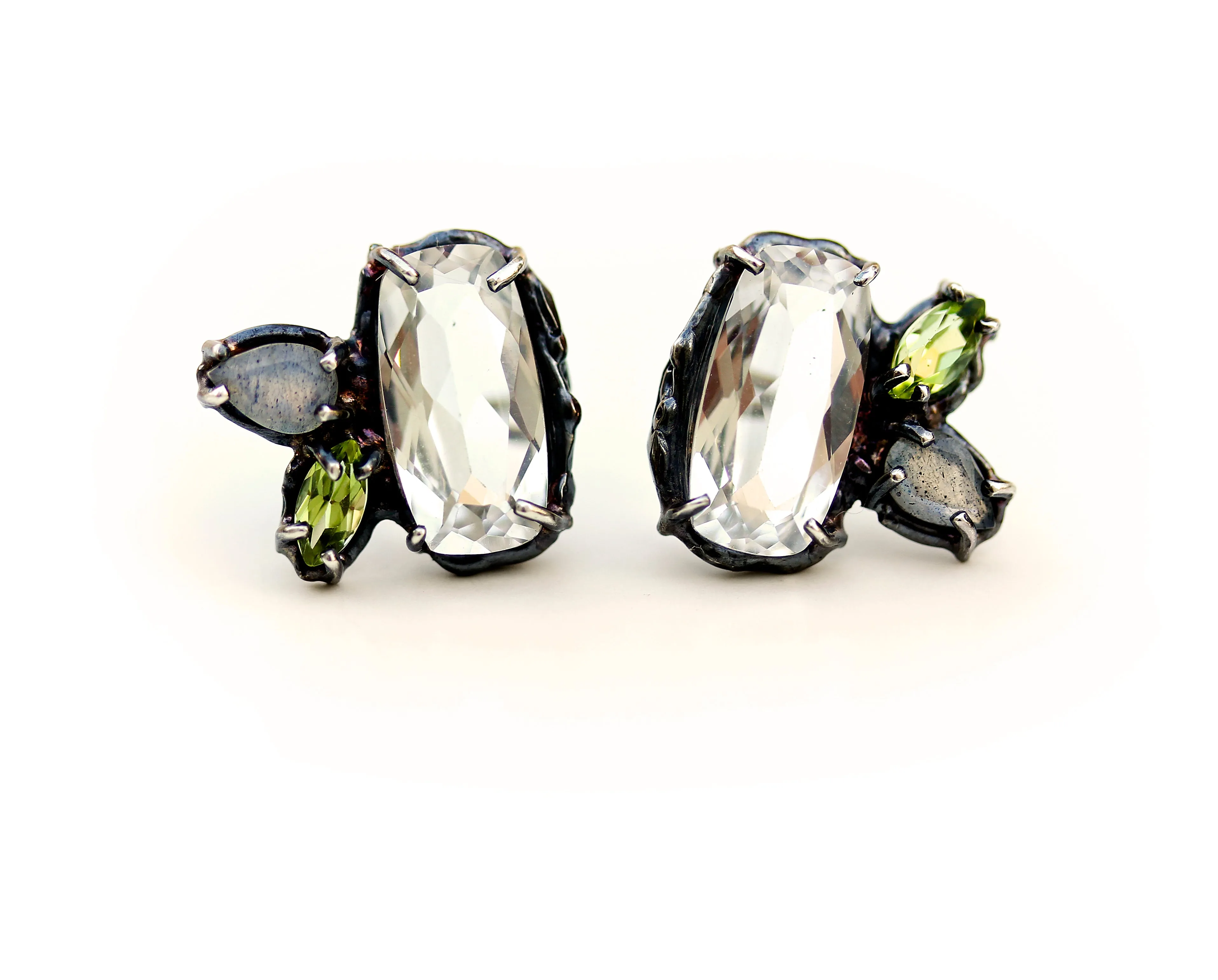 Ophelia Earrings set with White Topaz, Peridot and Labrodorite