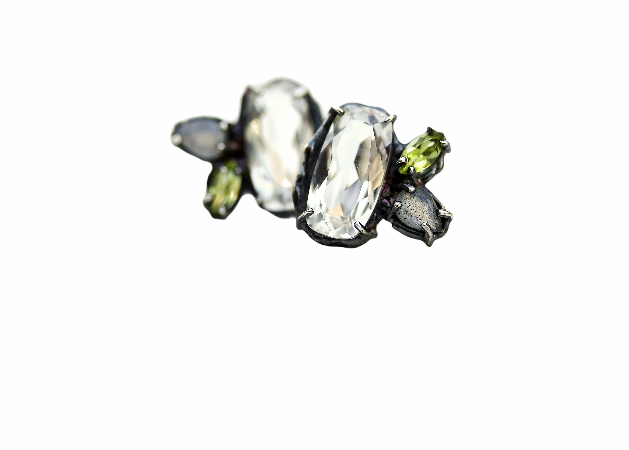 Ophelia Earrings set with White Topaz, Peridot and Labrodorite