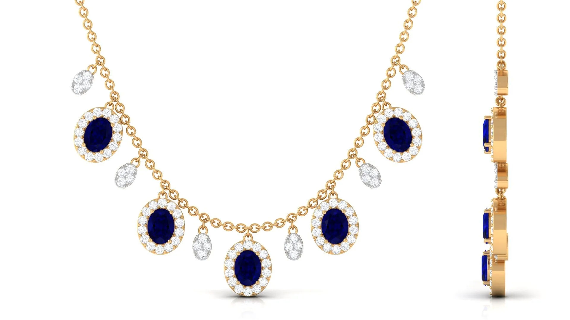 Oval Cut Blue Sapphire and Diamond Bridal Station Chain Necklace