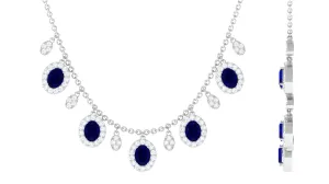 Oval Cut Blue Sapphire and Diamond Bridal Station Chain Necklace