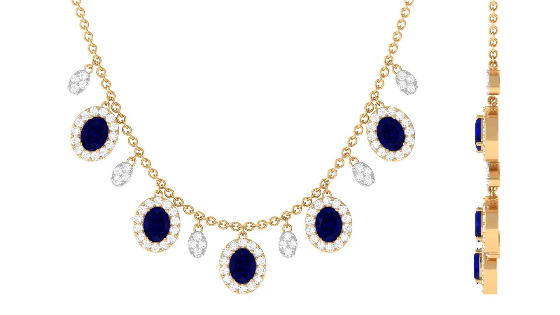 Oval Cut Blue Sapphire and Diamond Bridal Station Chain Necklace