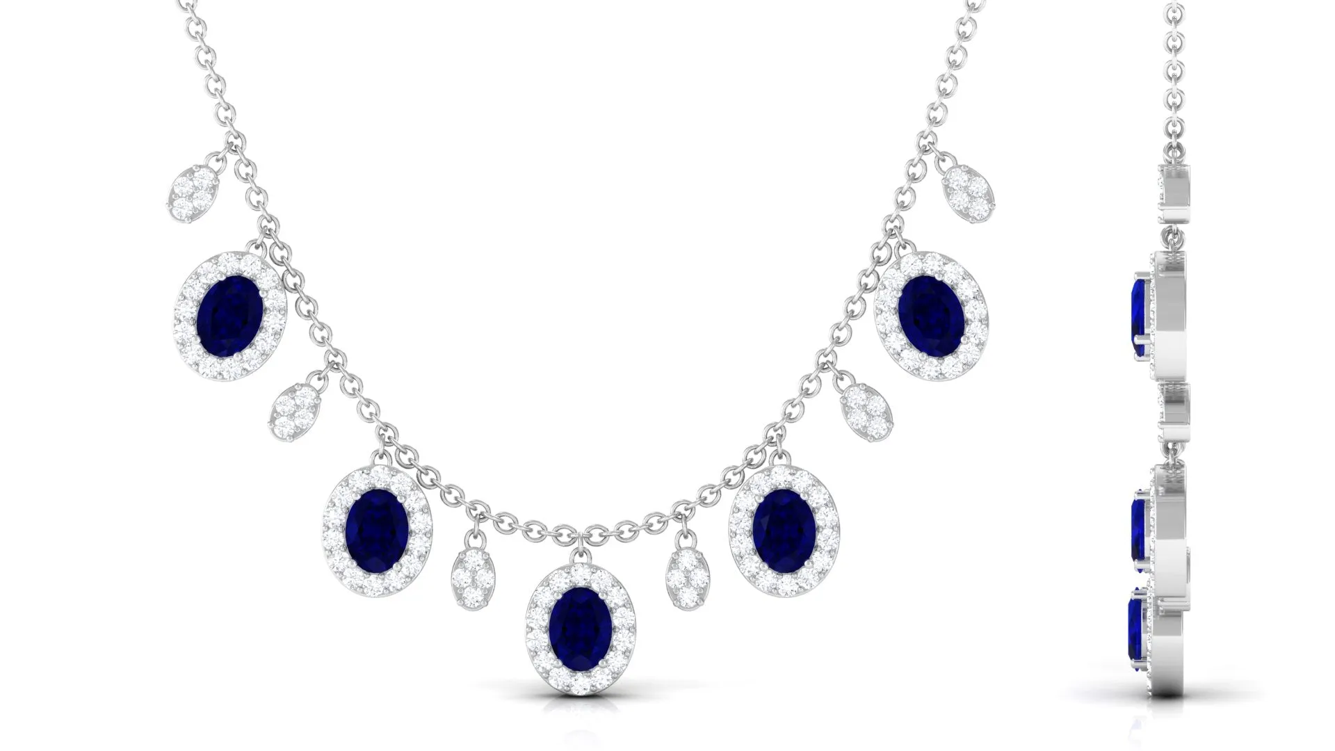 Oval Cut Blue Sapphire and Diamond Bridal Station Chain Necklace