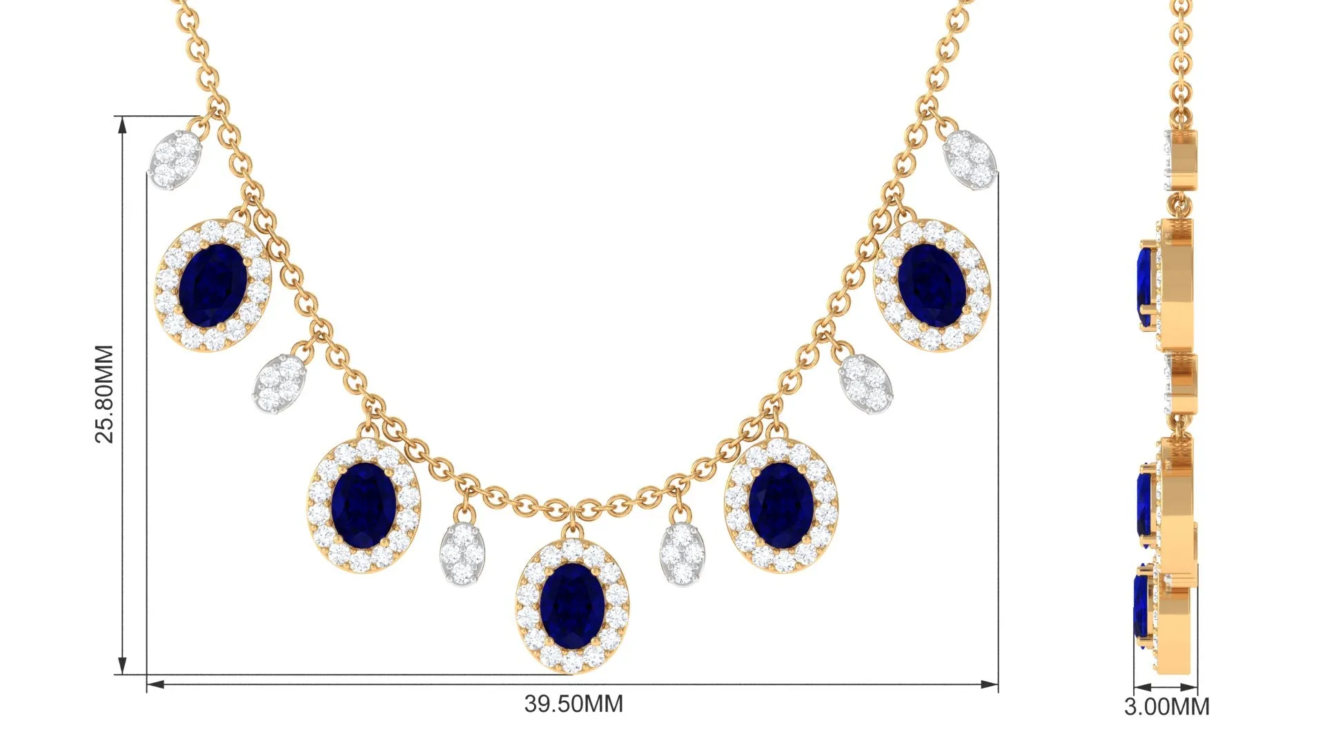 Oval Cut Blue Sapphire and Diamond Bridal Station Chain Necklace