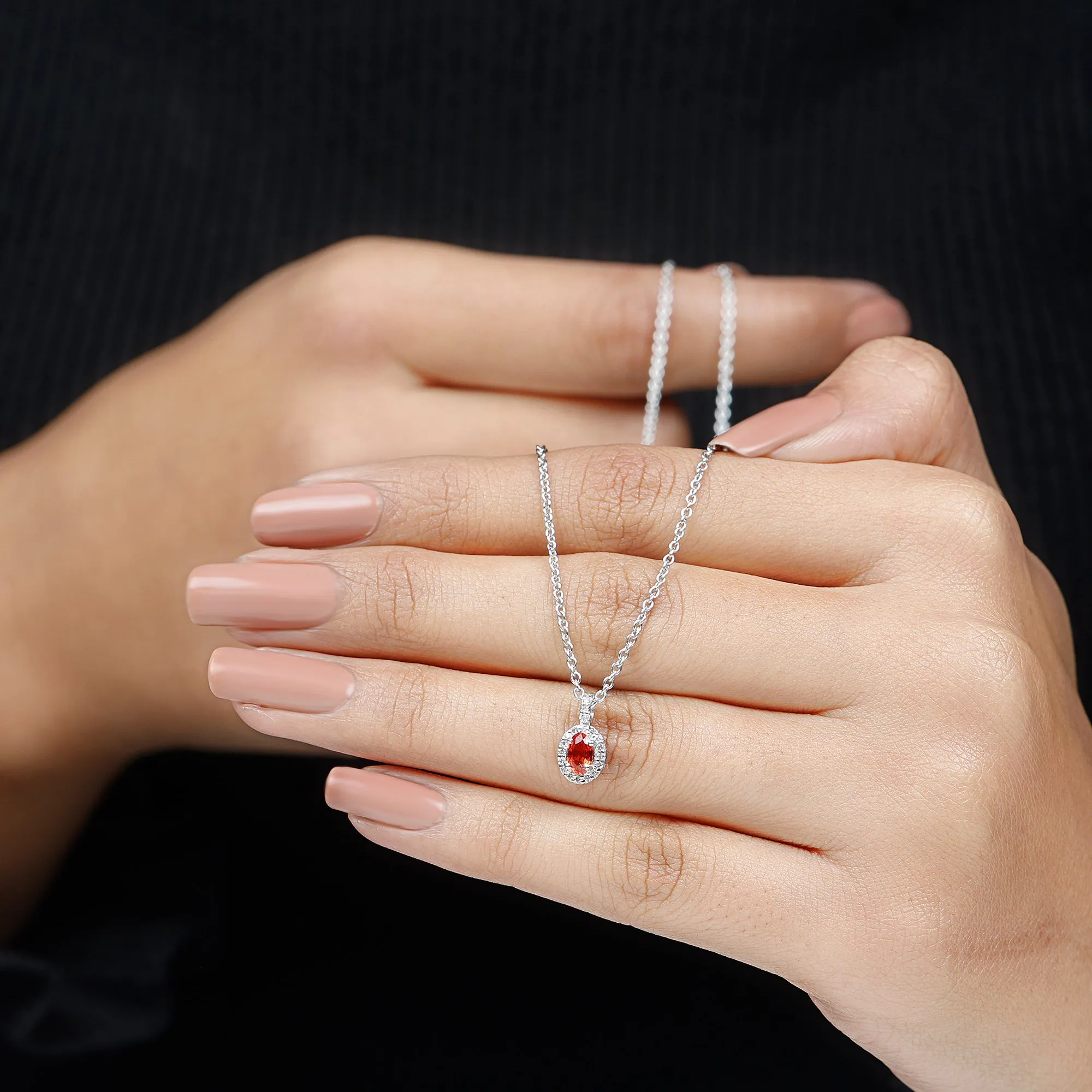 Oval Shape Orange Sapphire and Diamond Halo Pendant