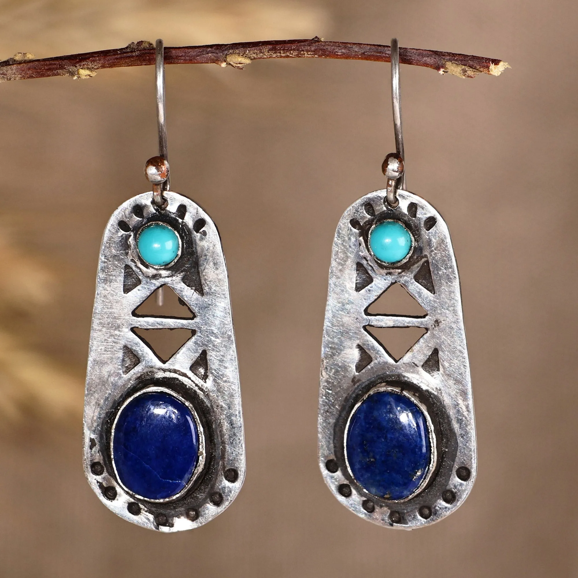 Oxidized Lapis Lazuli Turquoise 925 Silver Dangle Earrings - Magic Lake | NOVICA