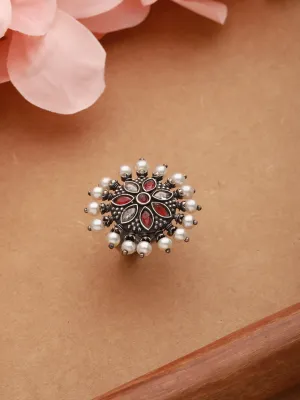 Oxidized Silver-Plated Red & White Stone-Studded & Pearl Adjustable Finger Ring