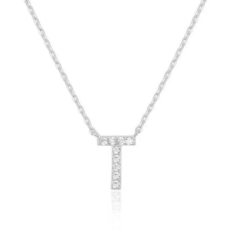 Paris Jewelry® 18K White Gold A-Z Alphabet Created White Sapphire Necklace Initial Plated