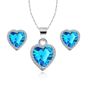 Paris Jewelry 18k White Gold Plated Heart 4 Carat Created Aquamarine Full Set Necklace, Earrings 18 Inch