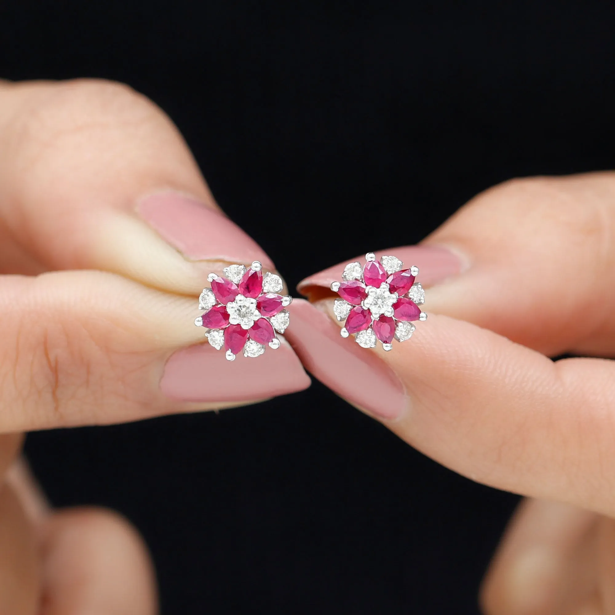 Pear Cut Ruby and Diamond Flower Stud Earrings