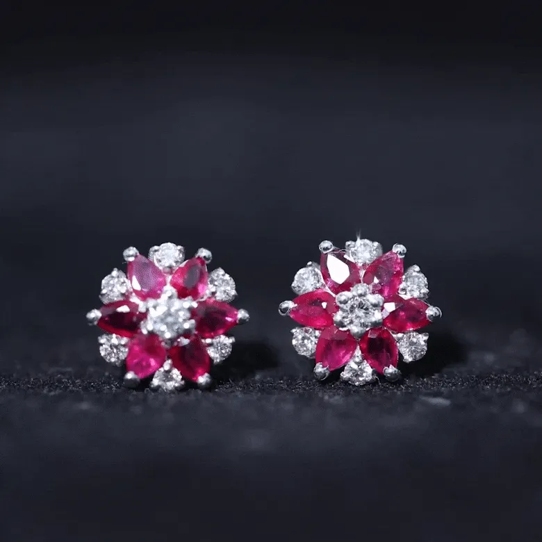 Pear Cut Ruby and Diamond Flower Stud Earrings