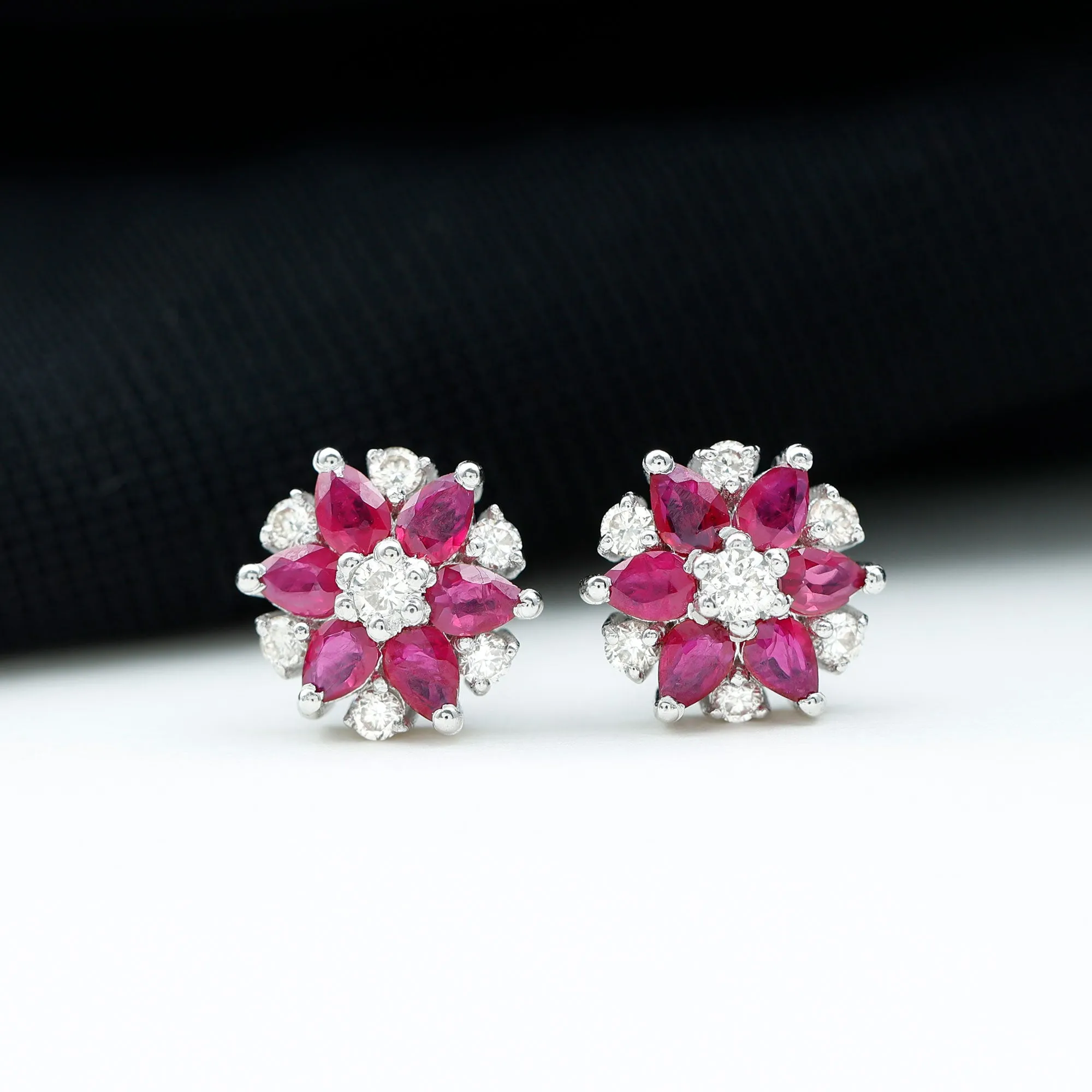 Pear Cut Ruby and Diamond Flower Stud Earrings