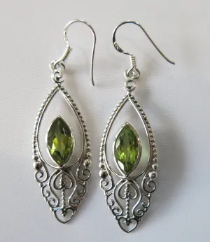 Peridot and silver ornate drop earrings