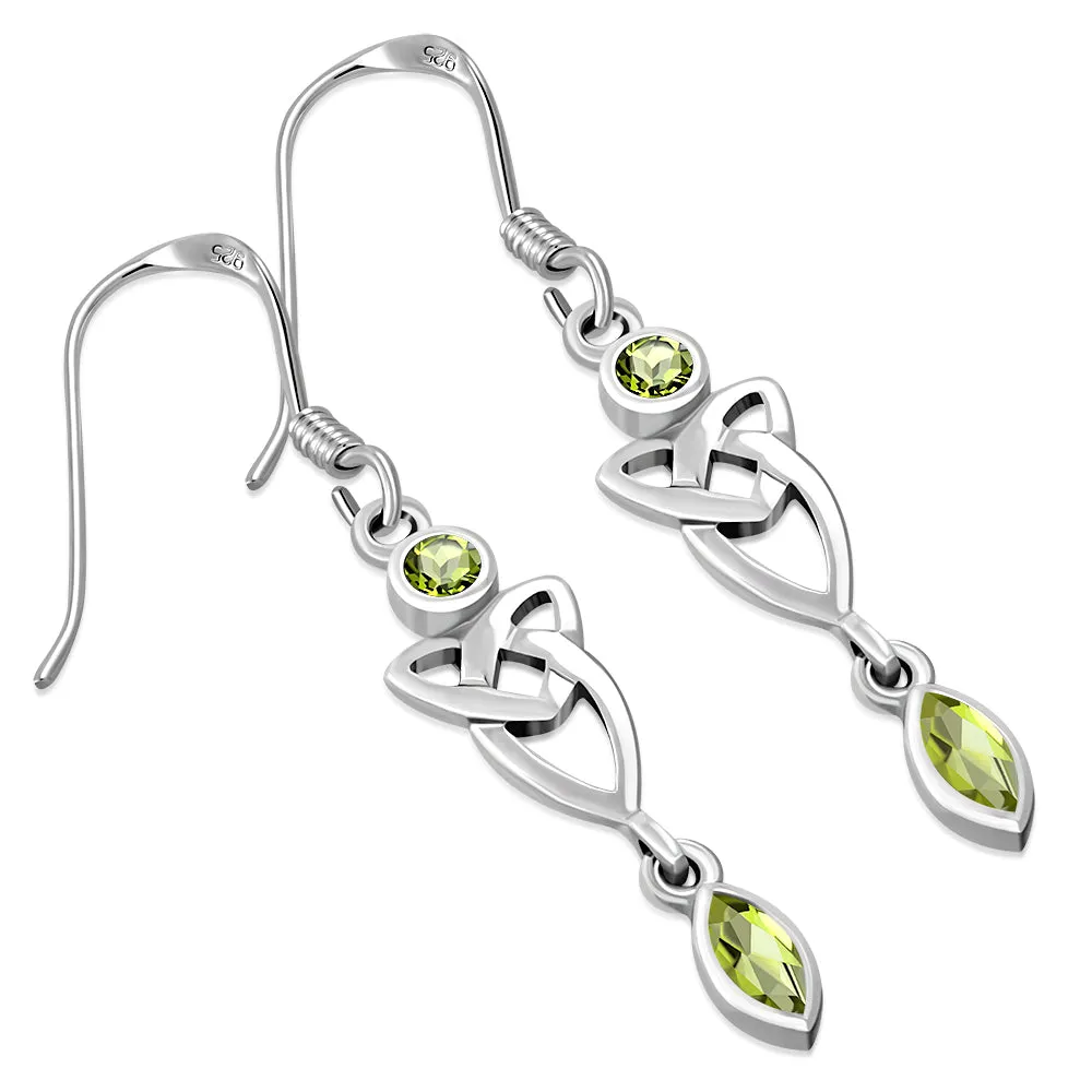 Peridot CZ Long Trinity Knot Sterling Silver Earrings