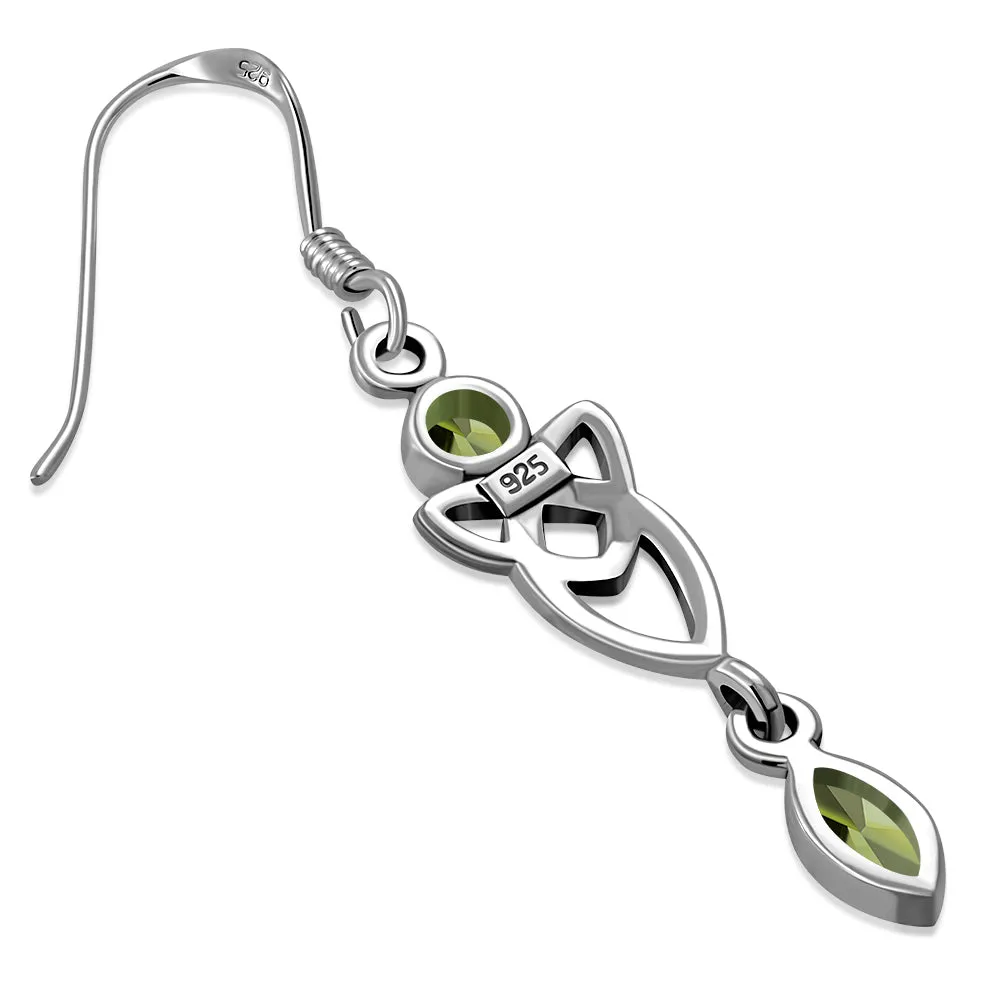 Peridot CZ Long Trinity Knot Sterling Silver Earrings