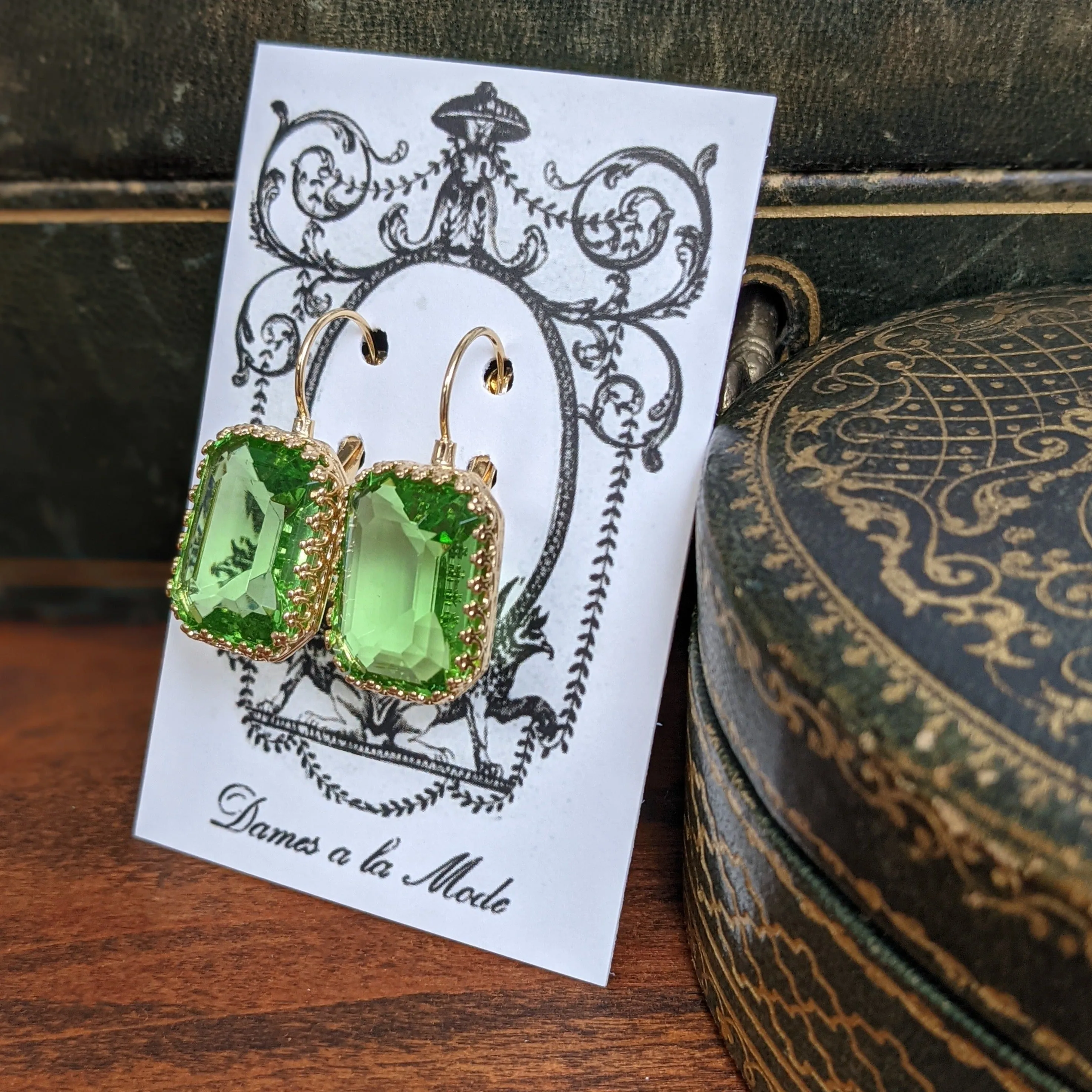 Peridot Green Swarovski Earrings - Large Octagon Crown