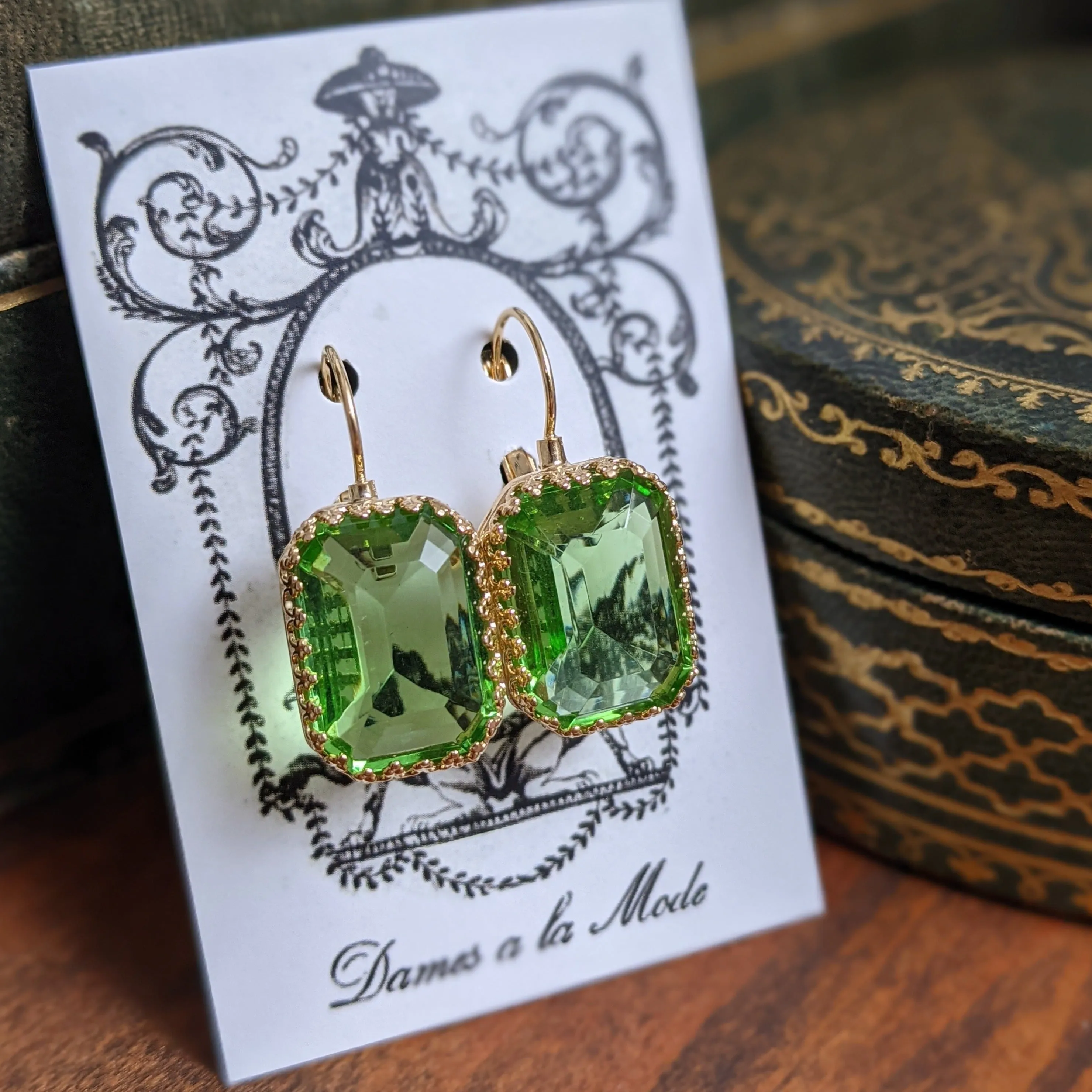 Peridot Green Swarovski Earrings - Large Octagon Crown