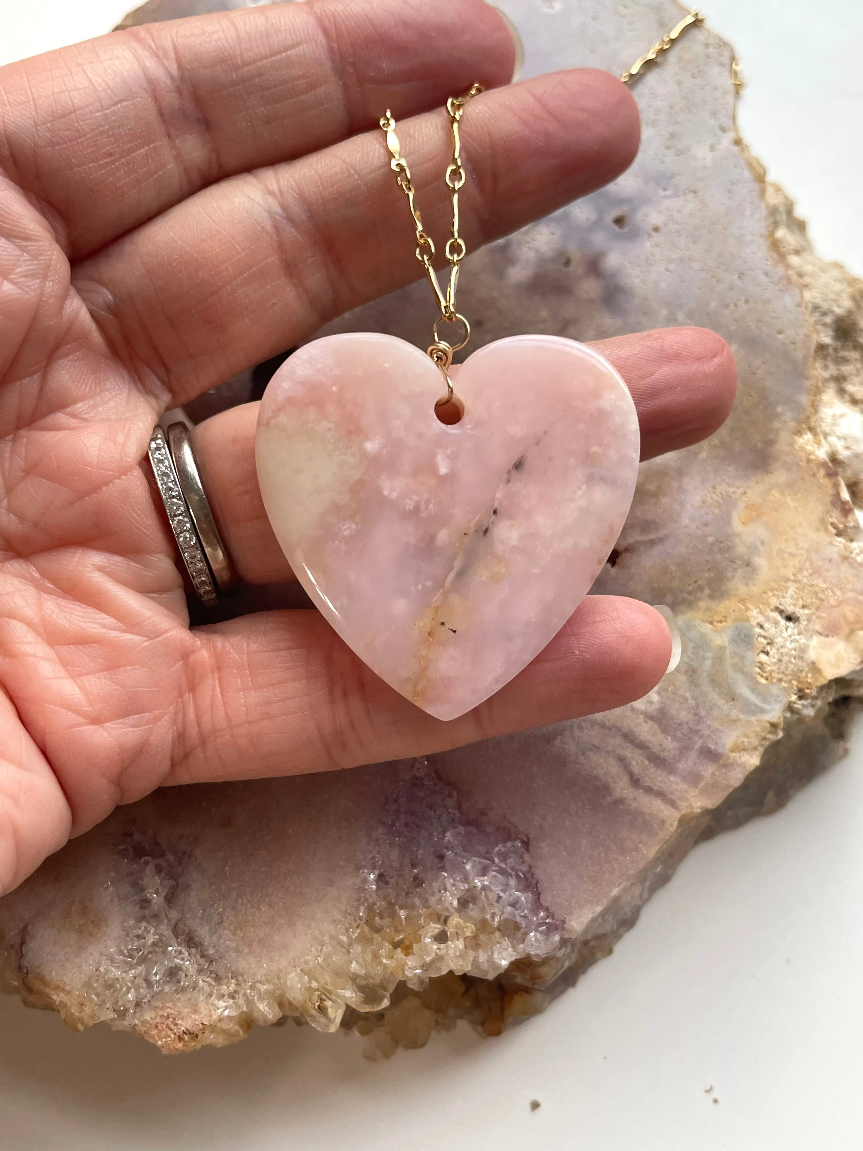 Pink opal heart pendant necklace