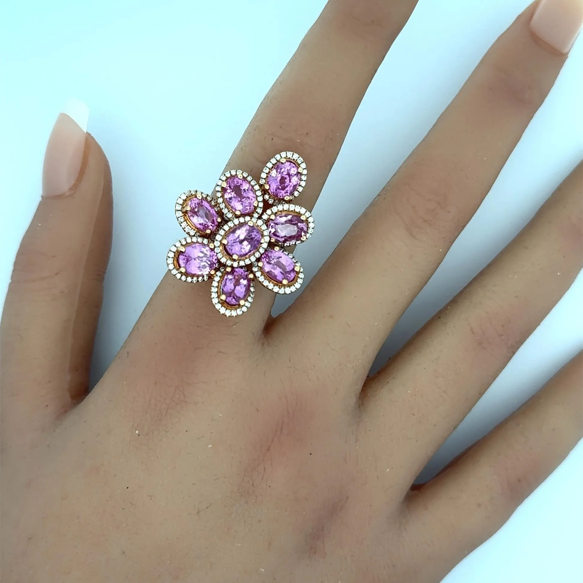 Pink Sapphire & Diamond 18k Gold Cluster Cocktail Ring