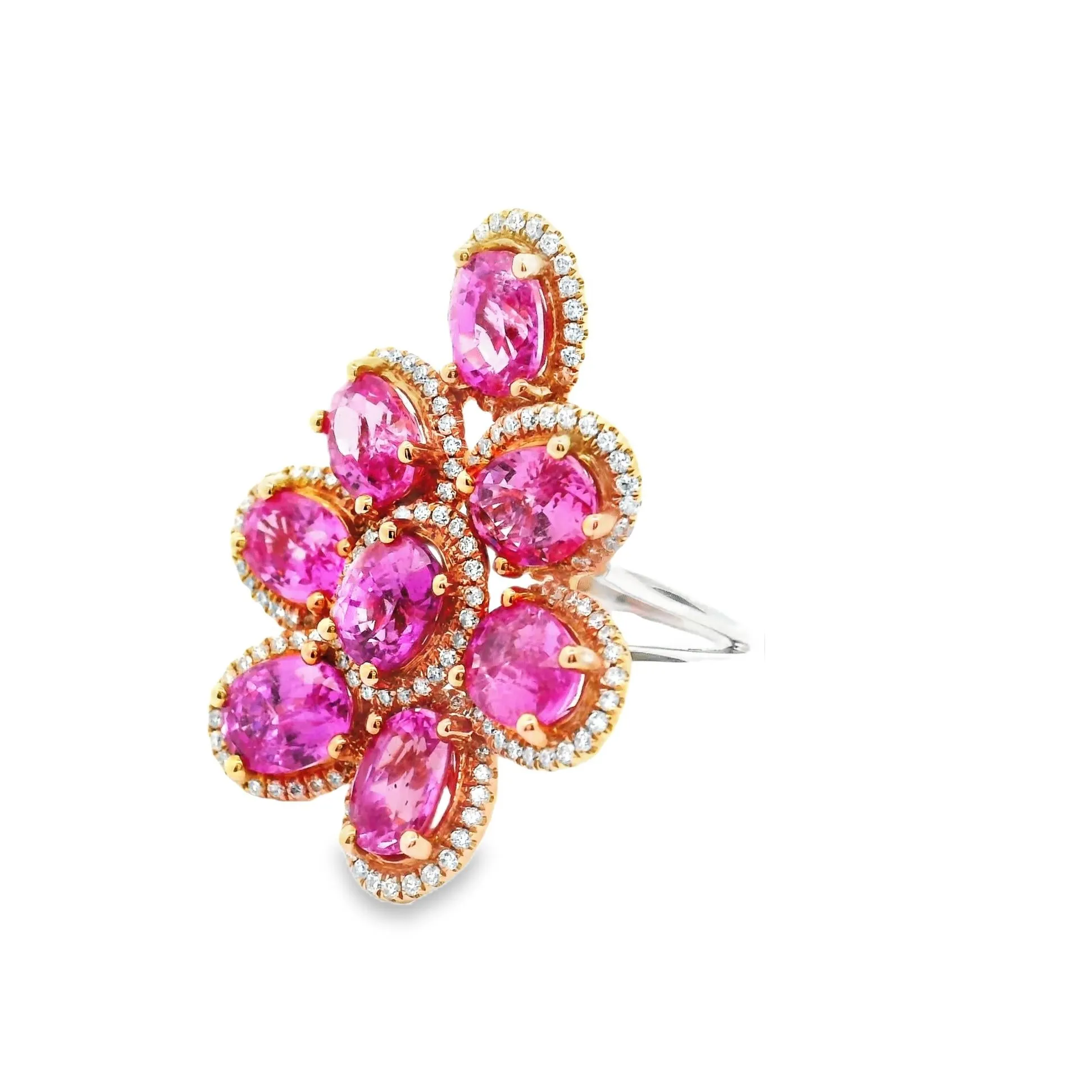 Pink Sapphire & Diamond 18k Gold Cluster Cocktail Ring