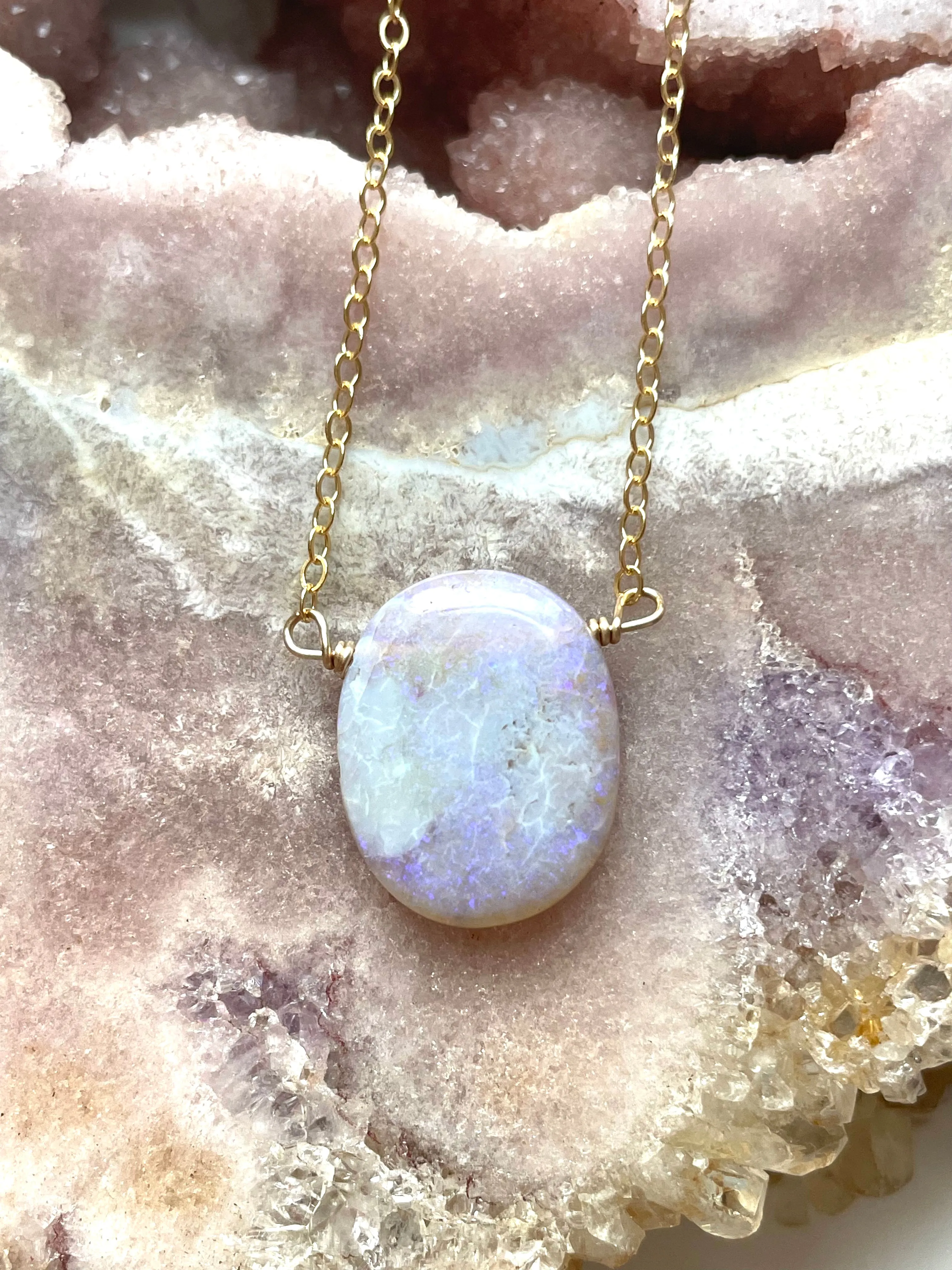 Purple Australian Opal Pendant Necklace Gold Filled