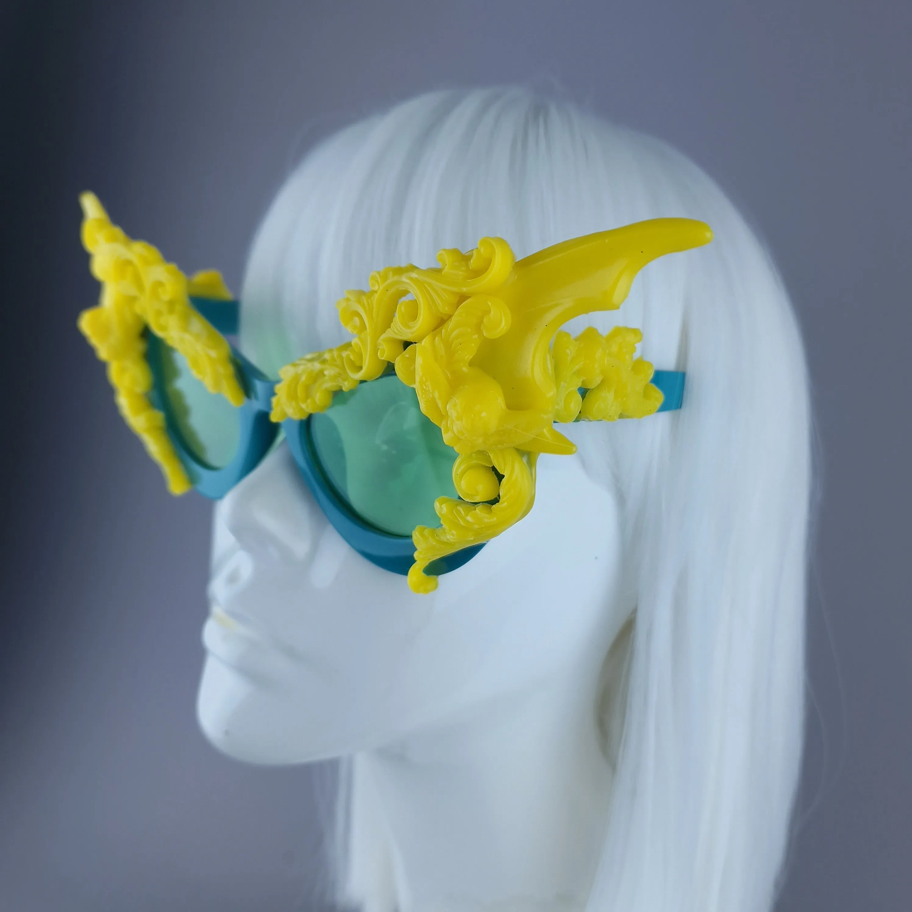 "Bathory" Teal & Yellow Filigree Ornate Bat Wing & Cherub Sunglasses