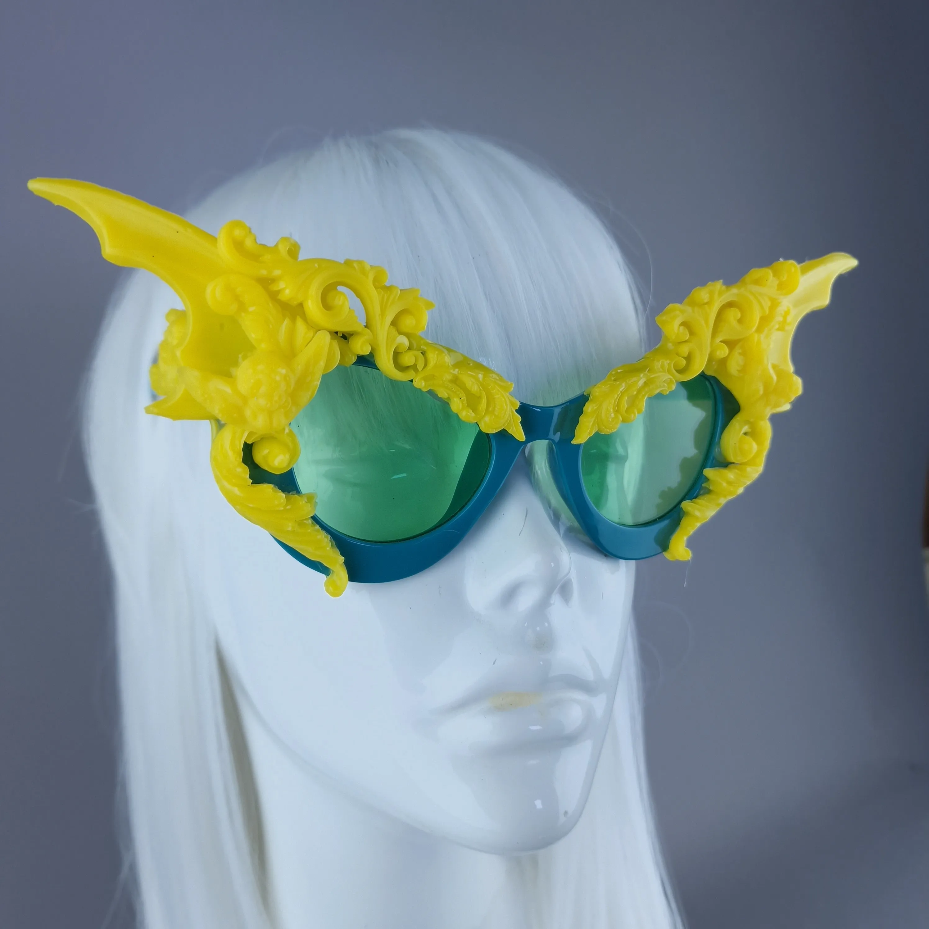 "Bathory" Teal & Yellow Filigree Ornate Bat Wing & Cherub Sunglasses