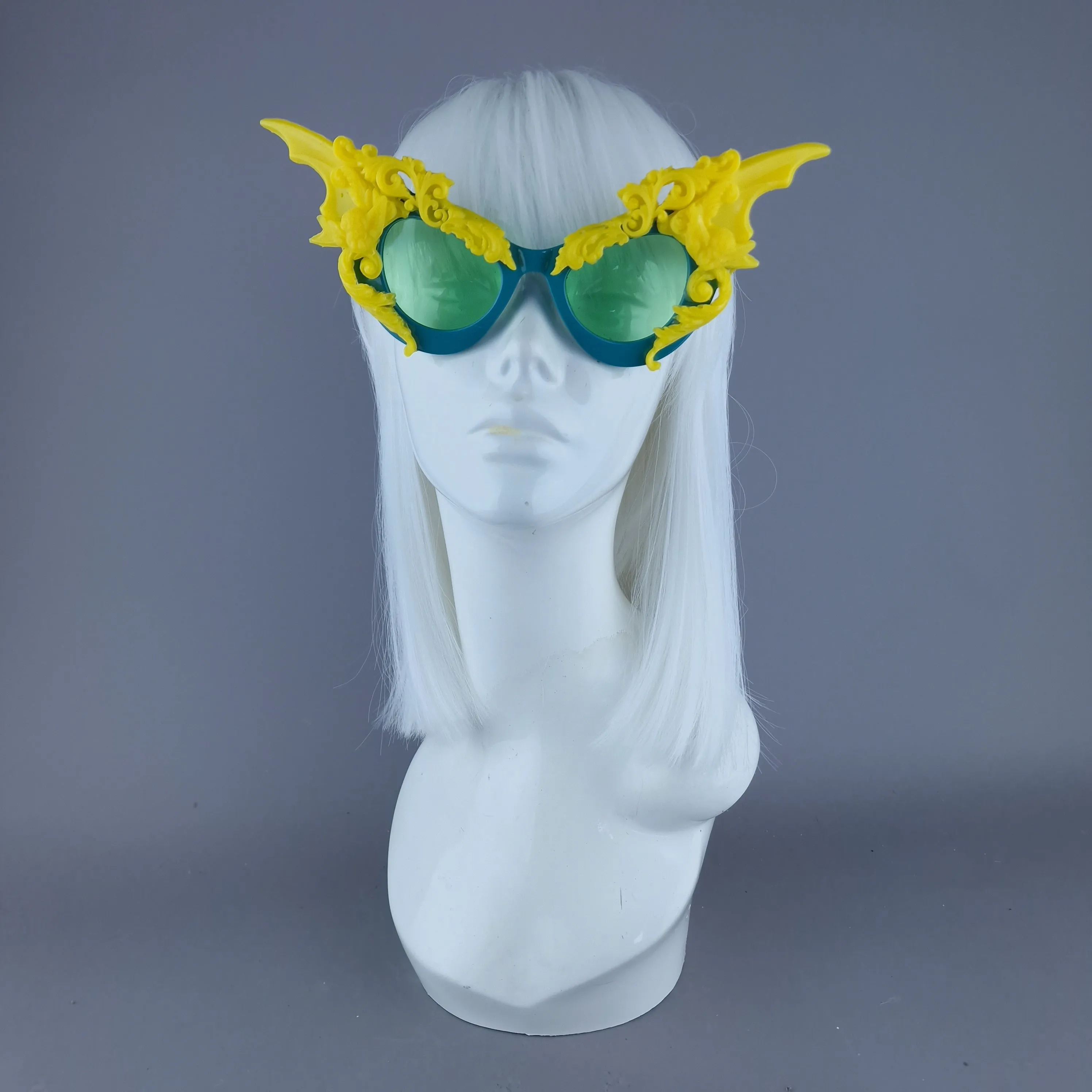 "Bathory" Teal & Yellow Filigree Ornate Bat Wing & Cherub Sunglasses