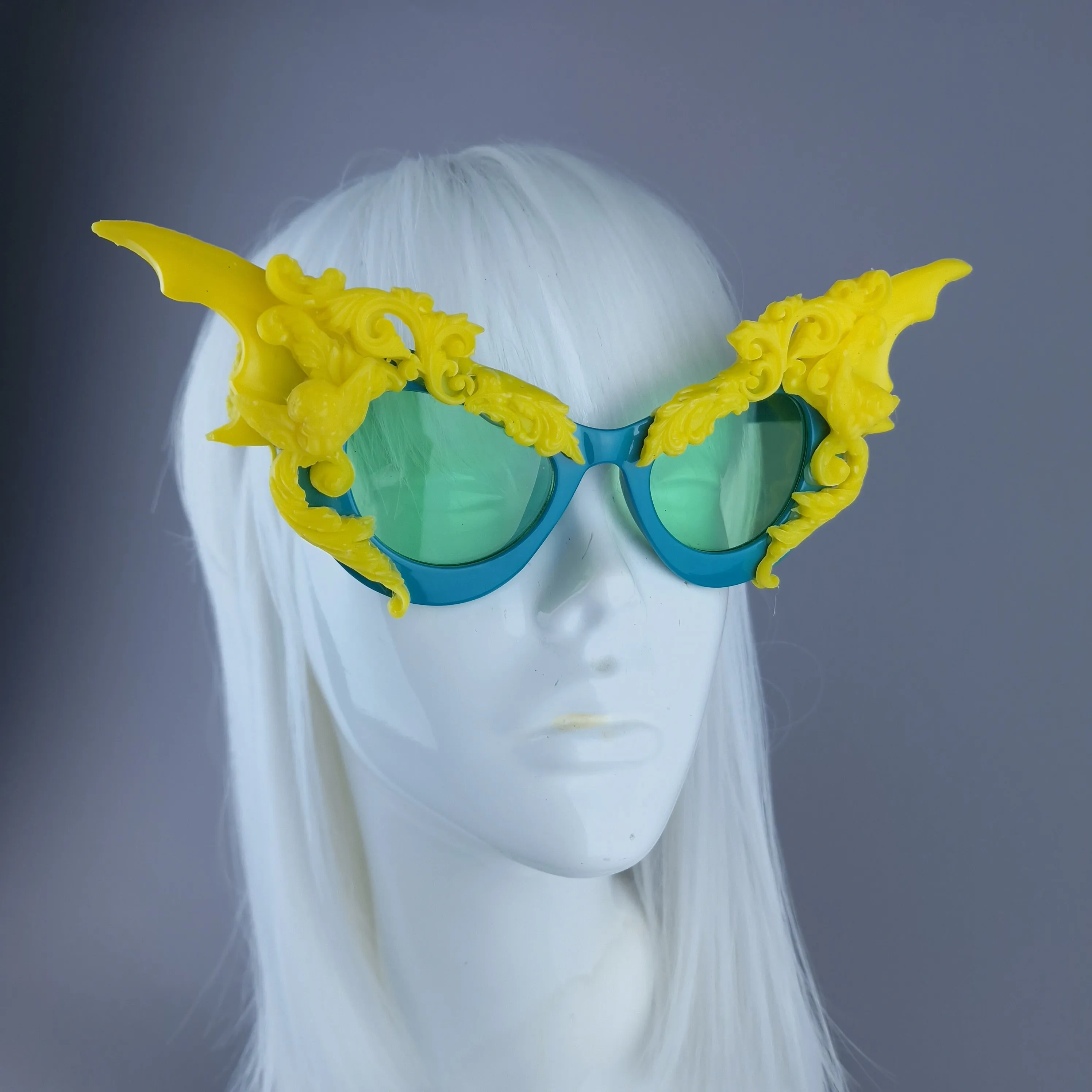 "Bathory" Teal & Yellow Filigree Ornate Bat Wing & Cherub Sunglasses