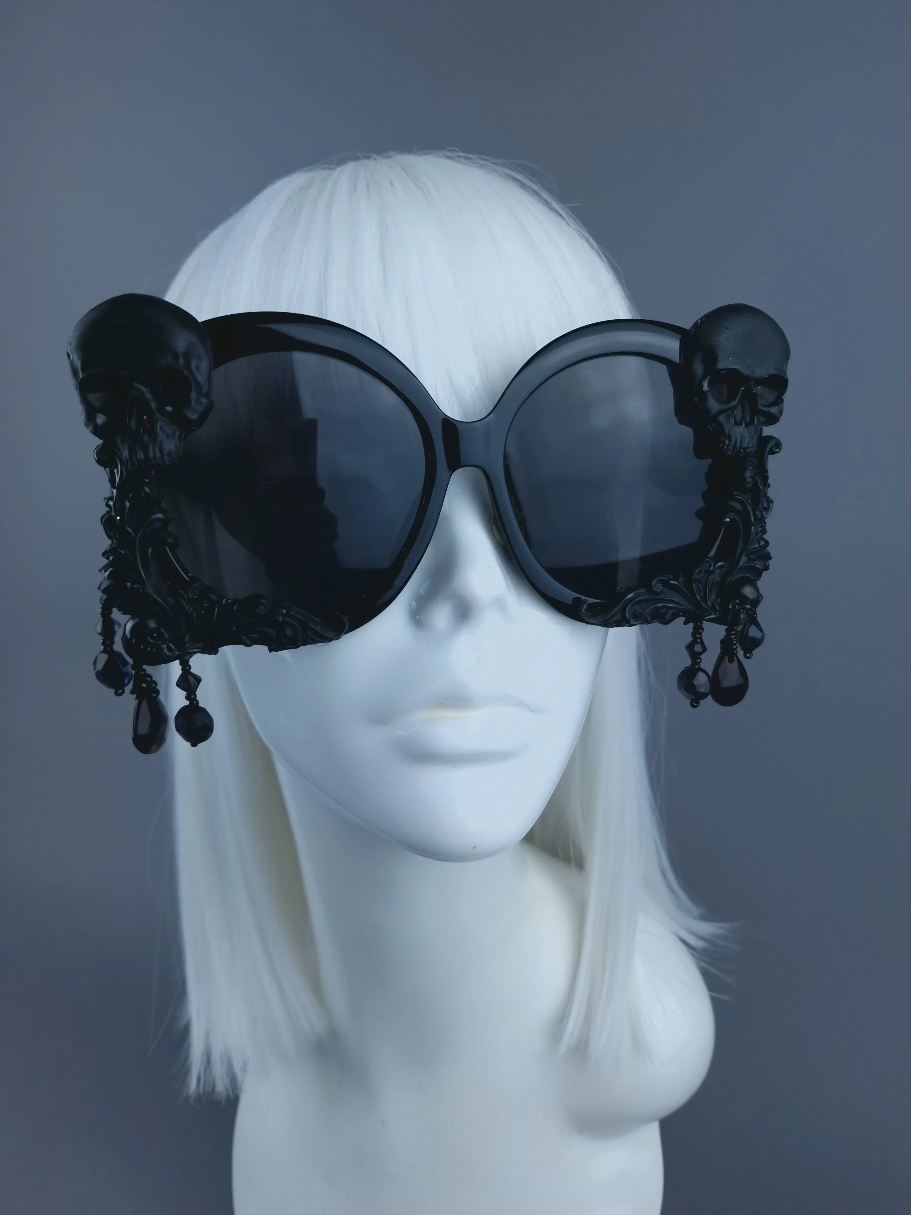 "Keres" Black Skull, Filigree & Beading Oversized Sunglasses