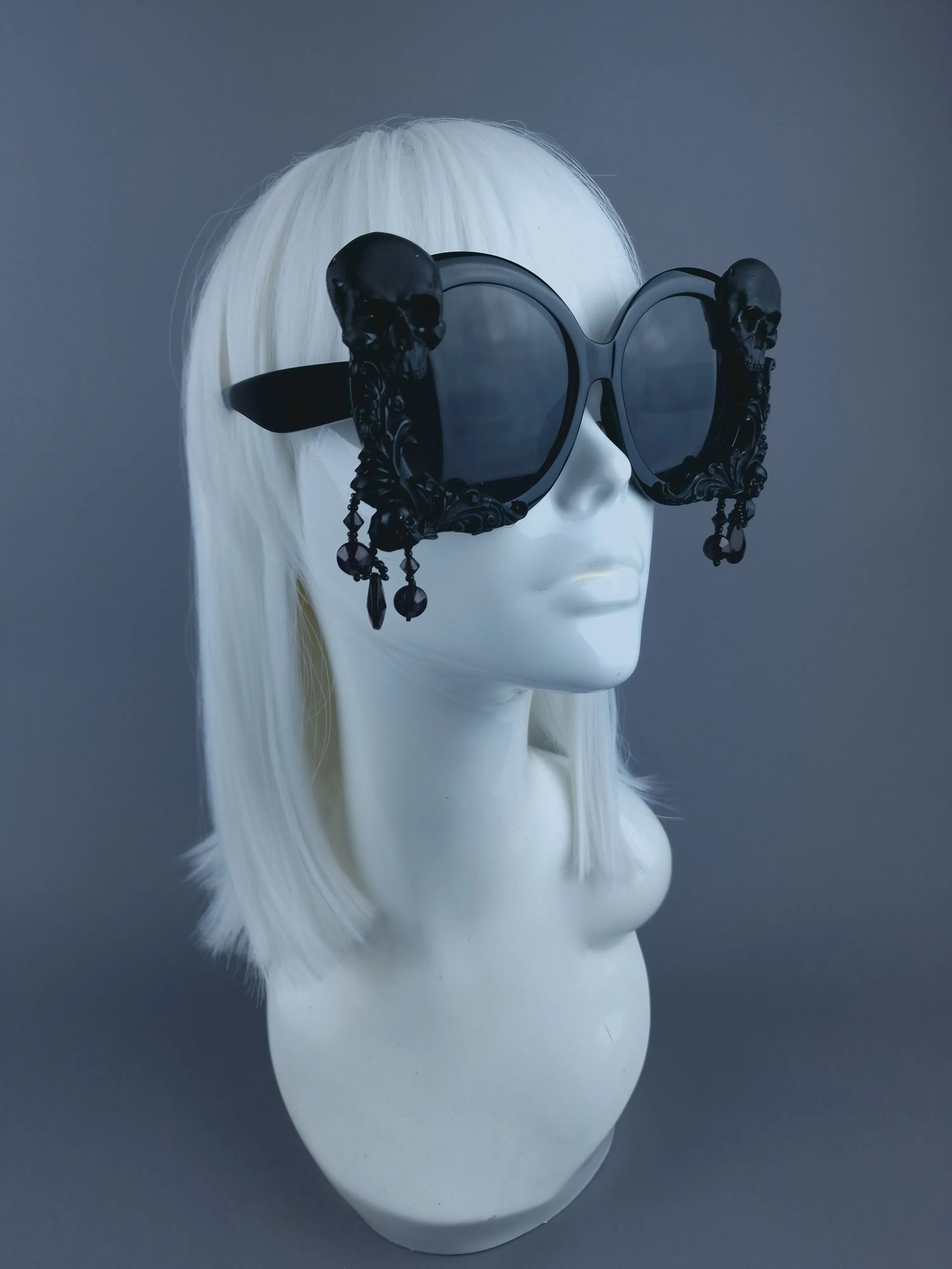 "Keres" Black Skull, Filigree & Beading Oversized Sunglasses