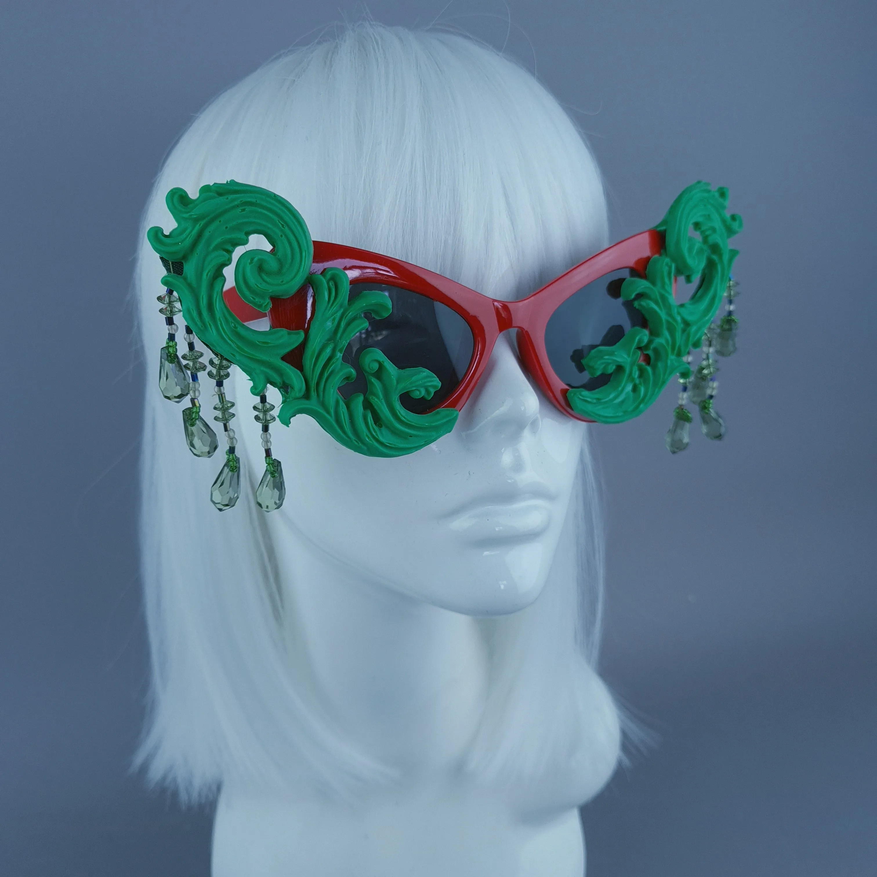 "Serilda" Green & Red Filigree Beading Catseye Sunglasses