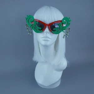 "Serilda" Green & Red Filigree Beading Catseye Sunglasses