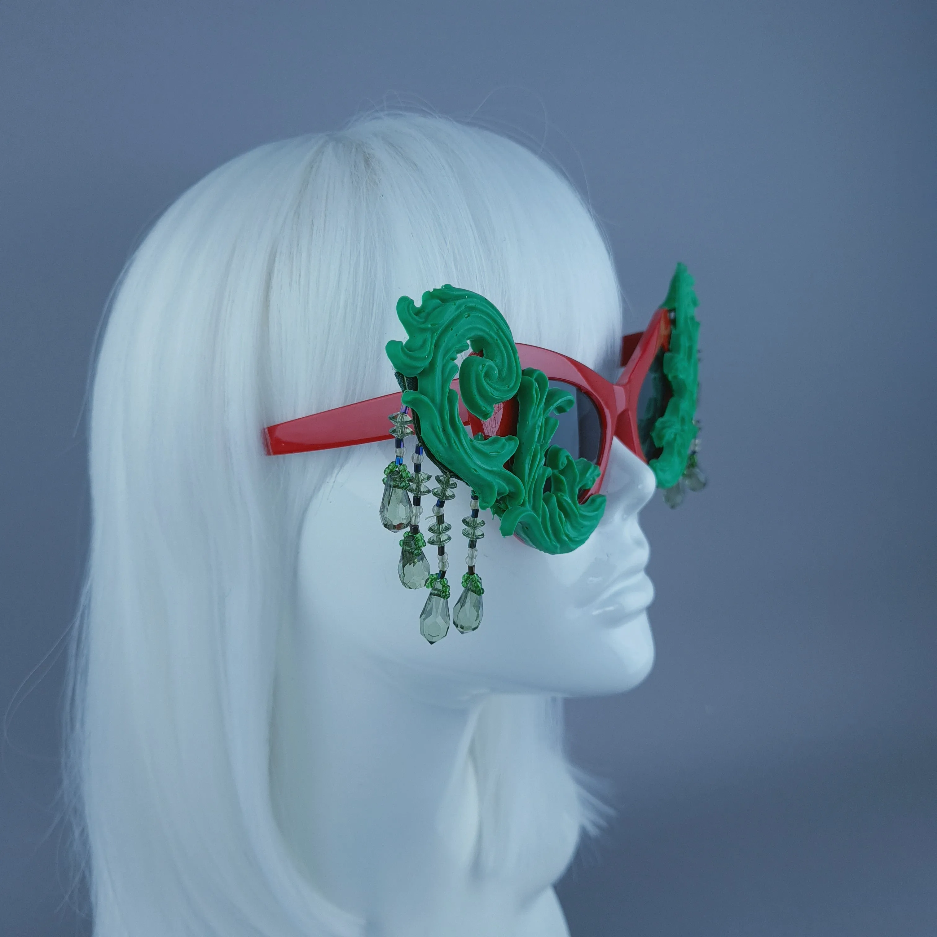 "Serilda" Green & Red Filigree Beading Catseye Sunglasses