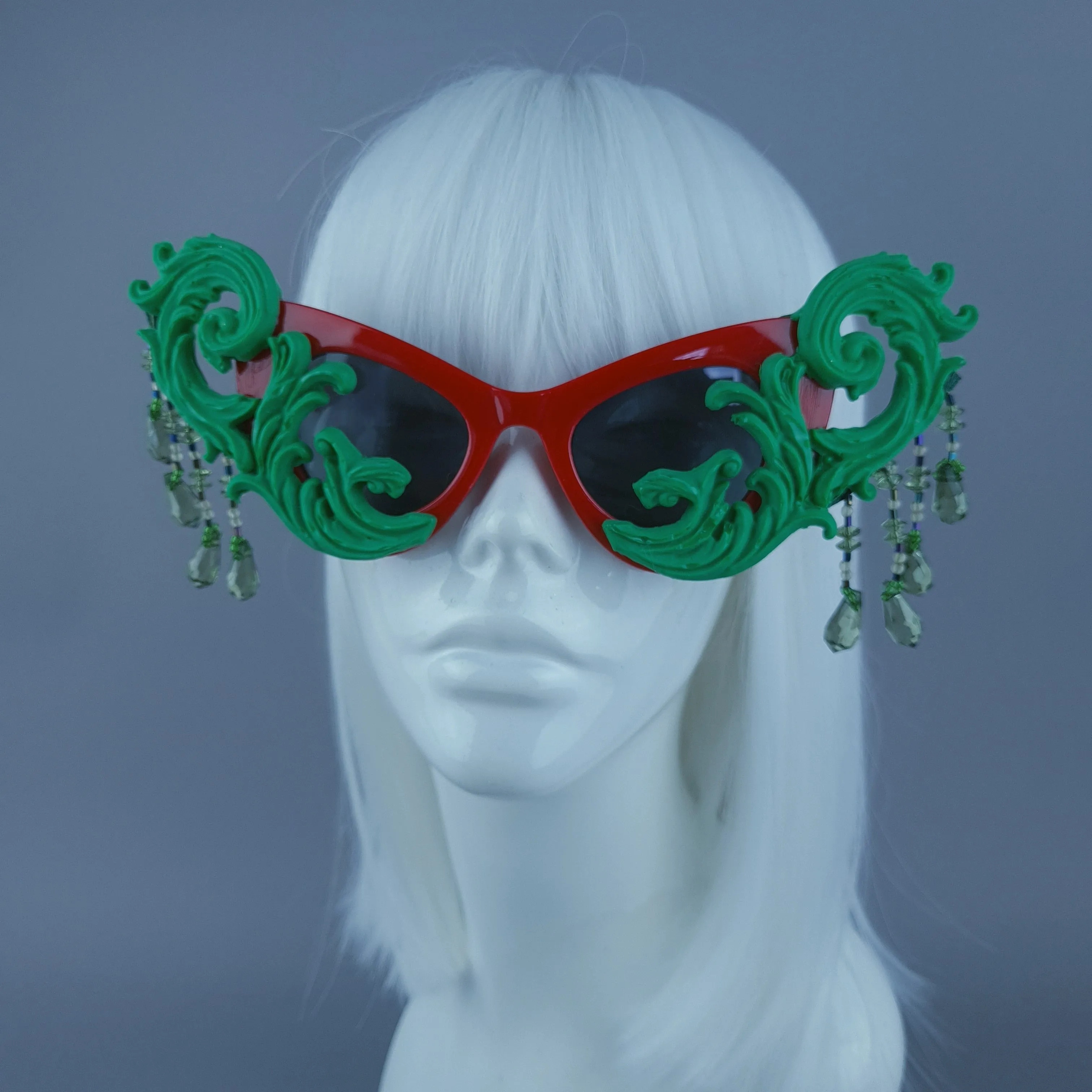 "Serilda" Green & Red Filigree Beading Catseye Sunglasses