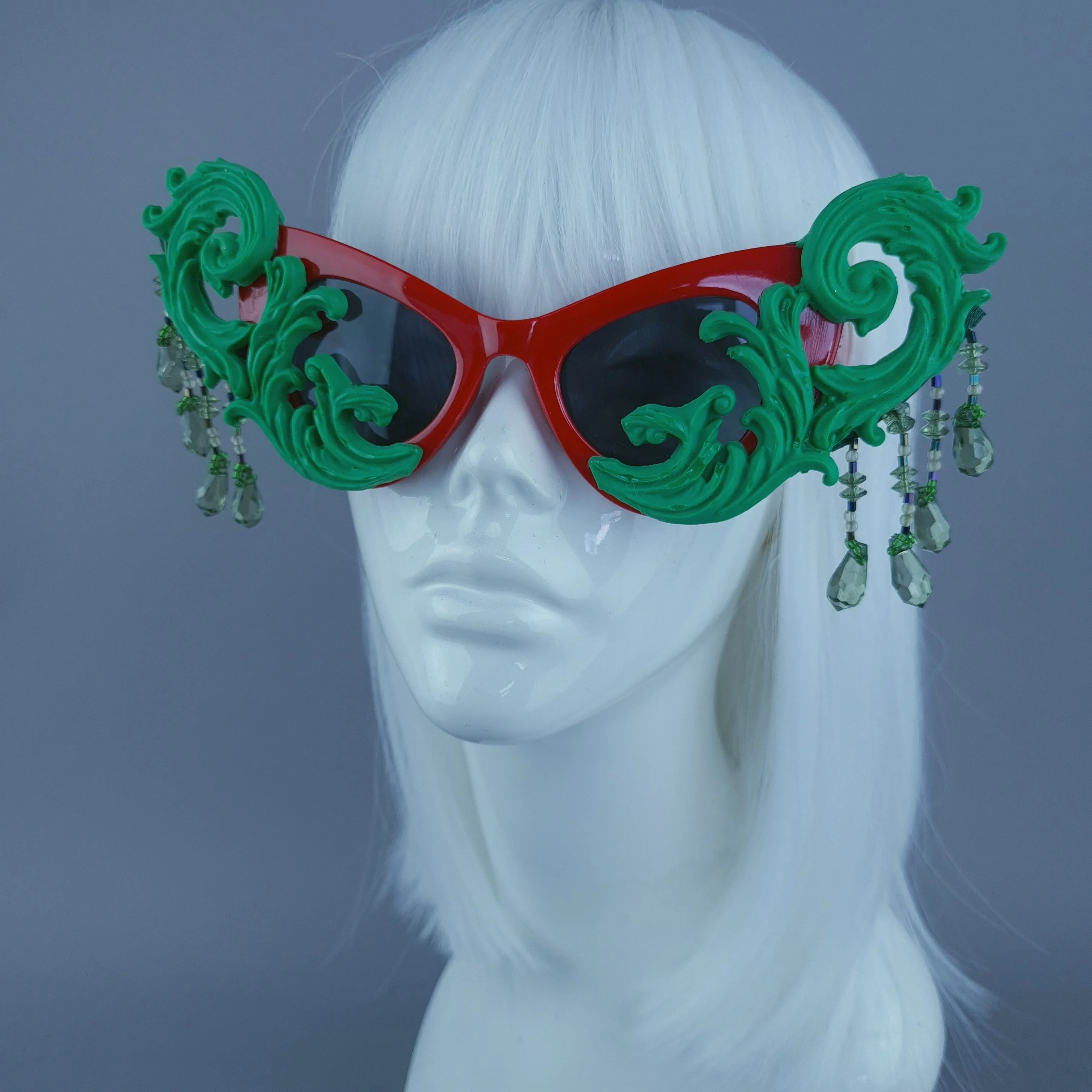 "Serilda" Green & Red Filigree Beading Catseye Sunglasses