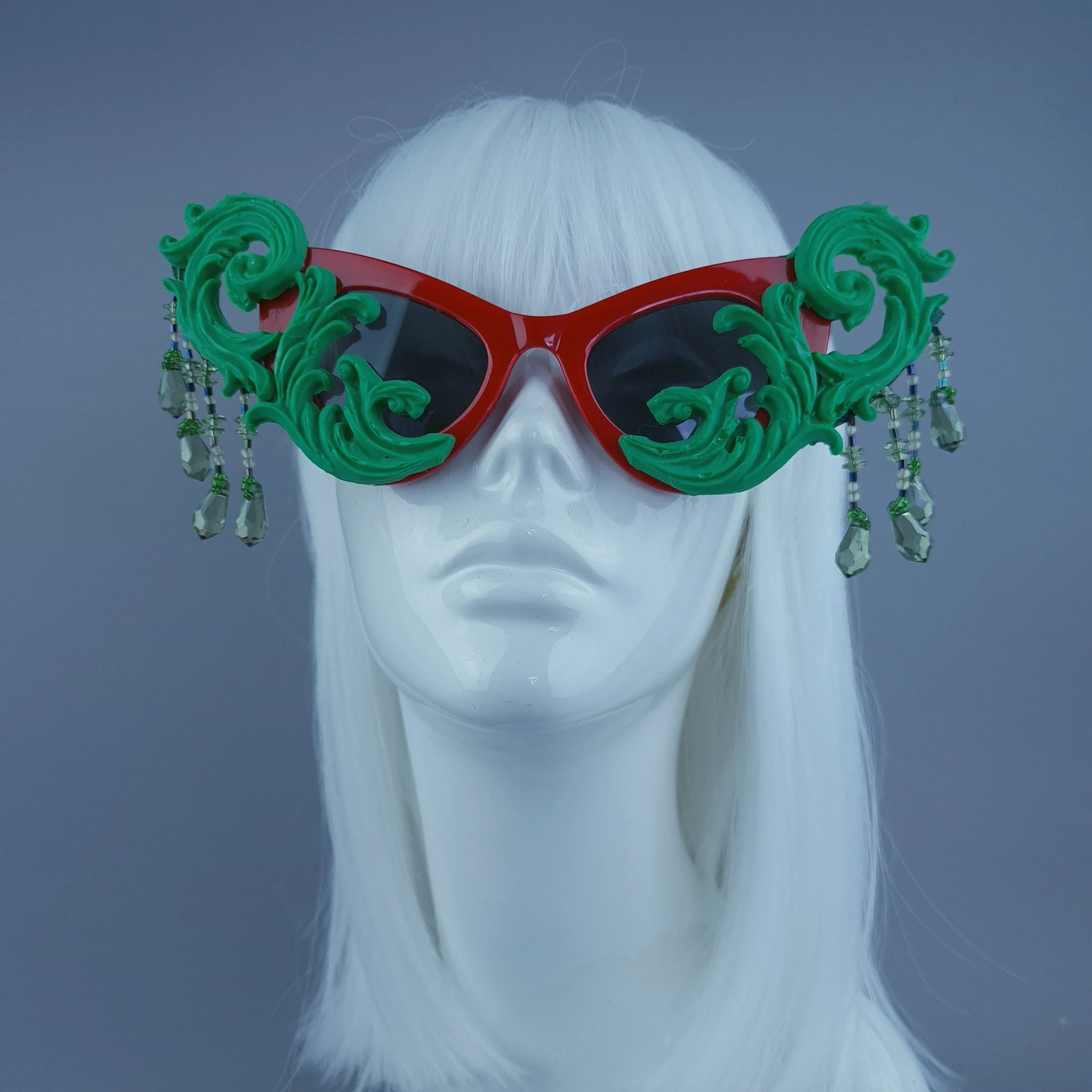 "Serilda" Green & Red Filigree Beading Catseye Sunglasses