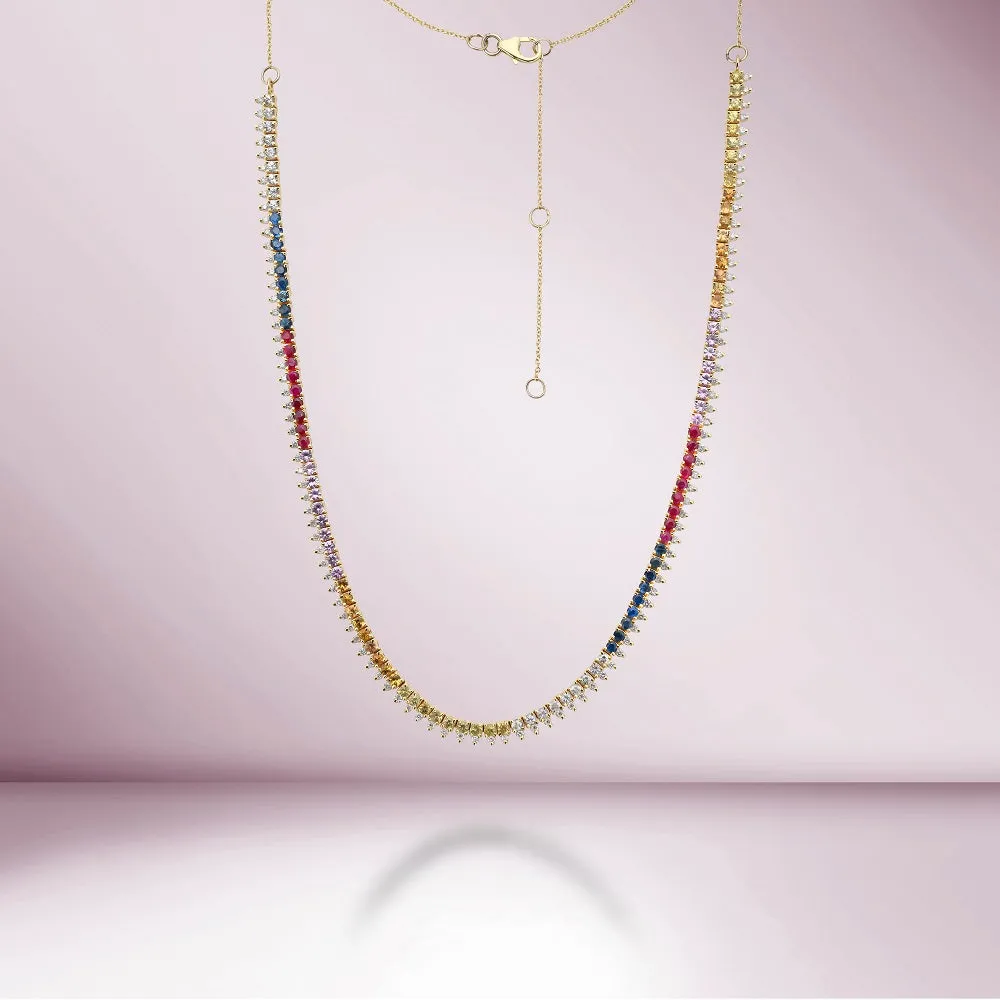 Rainbow Sapphire & Diamonds Halfway Tennis Necklace (6.75 ct.) in 14K Gold