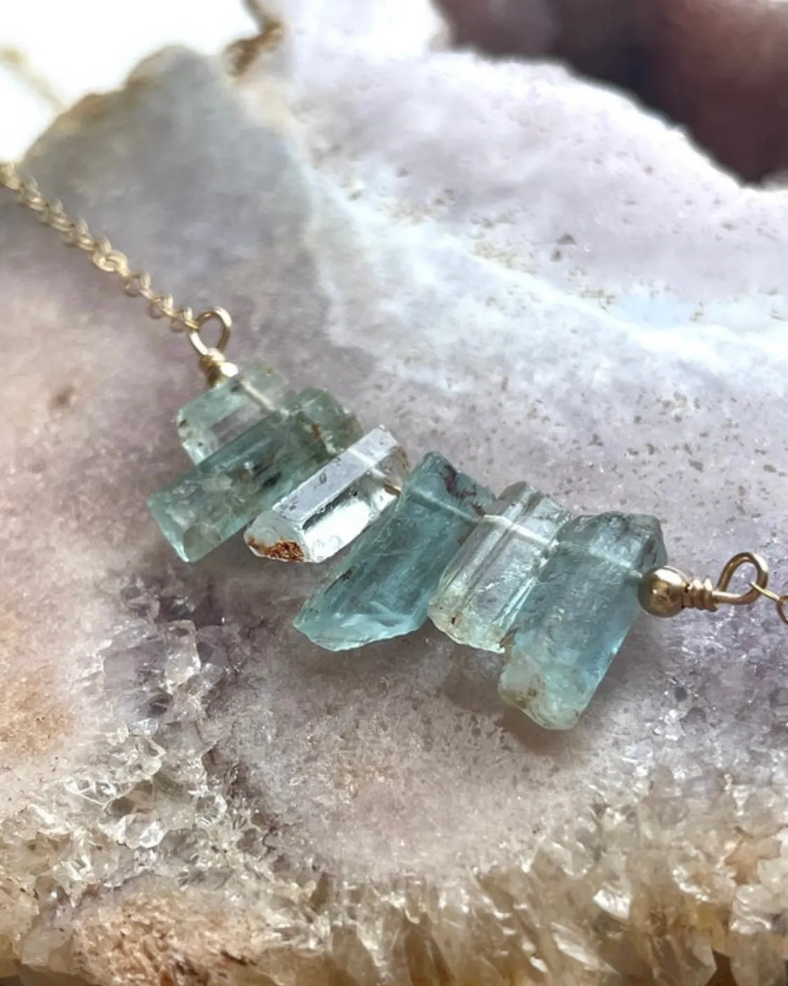 Raw Aquamarine Bar Necklace March Birthstone Crystal Healing Jewelry Sterling Silver or Gold Filled