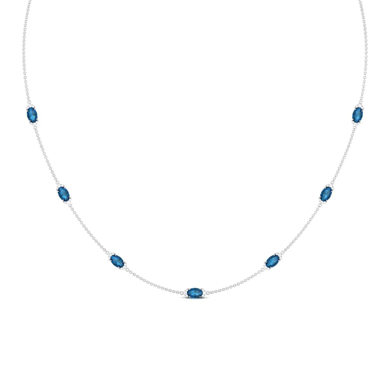 Real London Blue Topaz Station Chain Necklace with Diamond