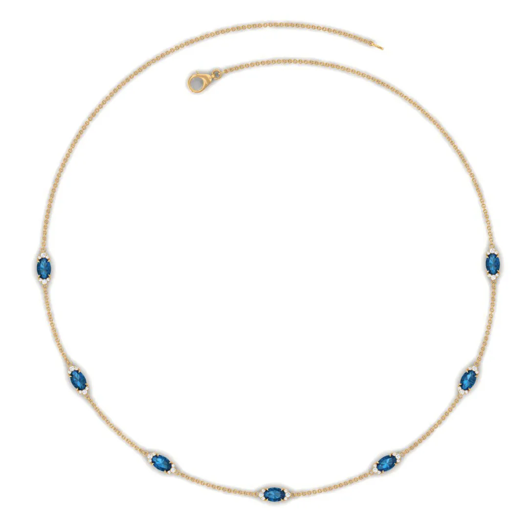 Real London Blue Topaz Station Chain Necklace with Diamond