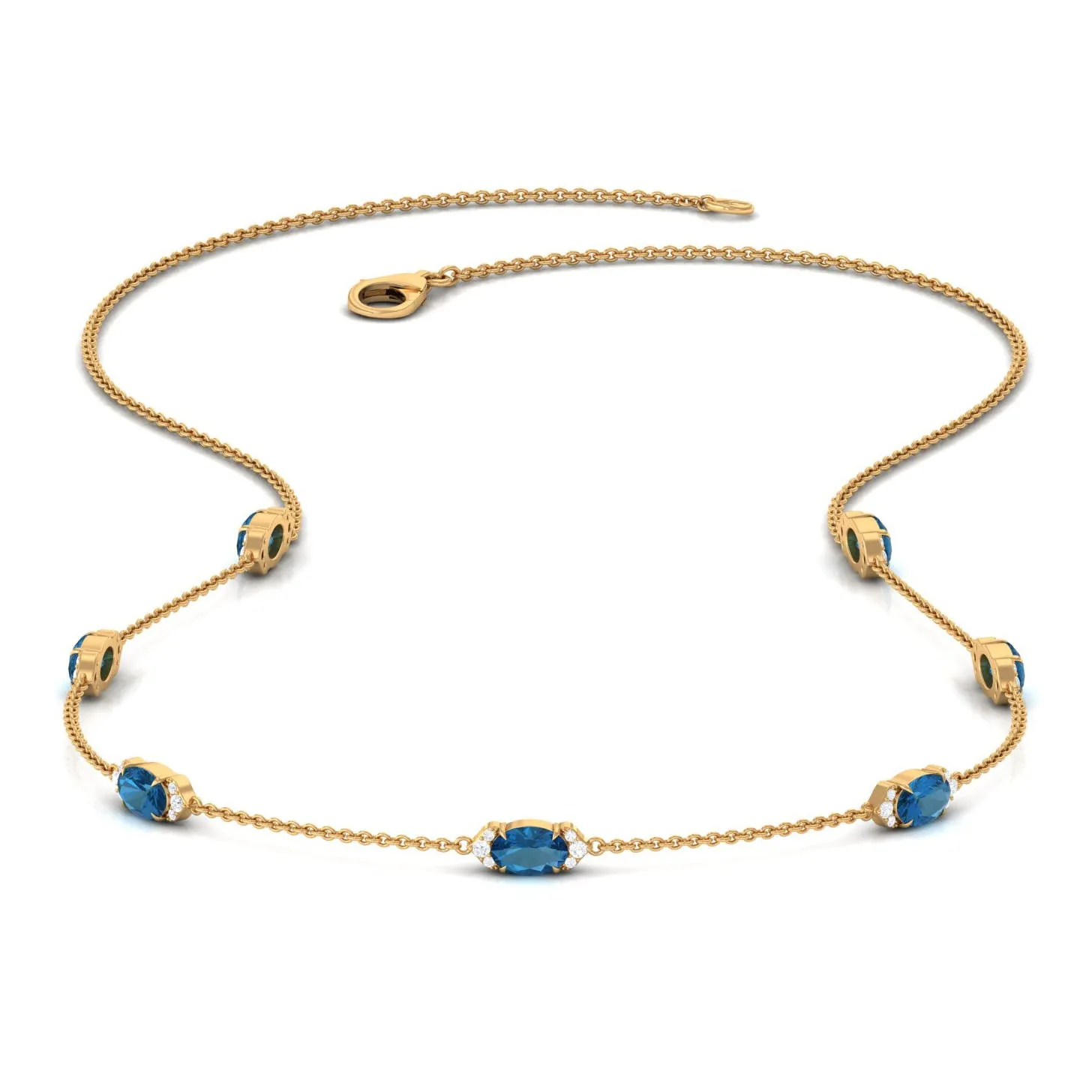 Real London Blue Topaz Station Chain Necklace with Diamond