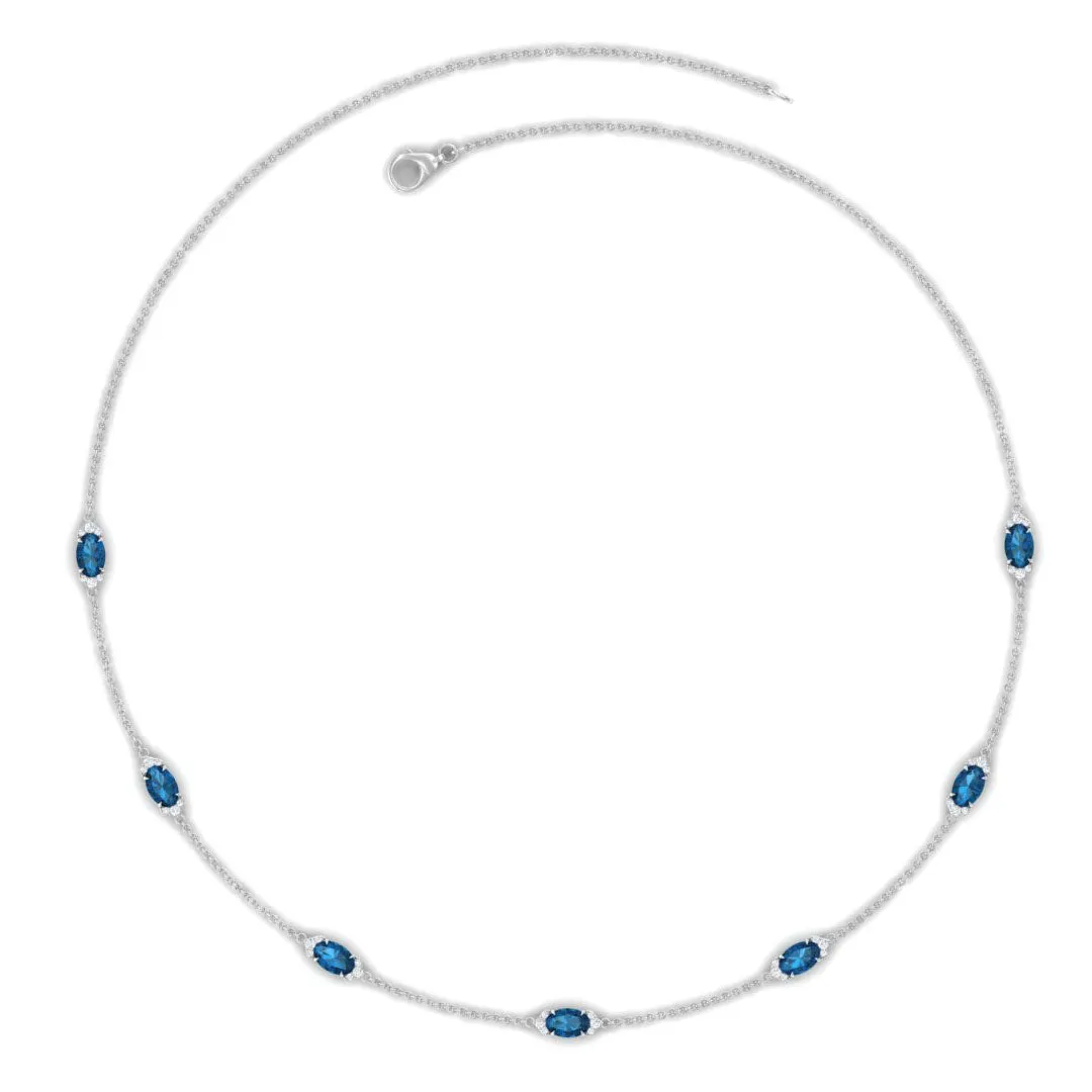 Real London Blue Topaz Station Chain Necklace with Diamond