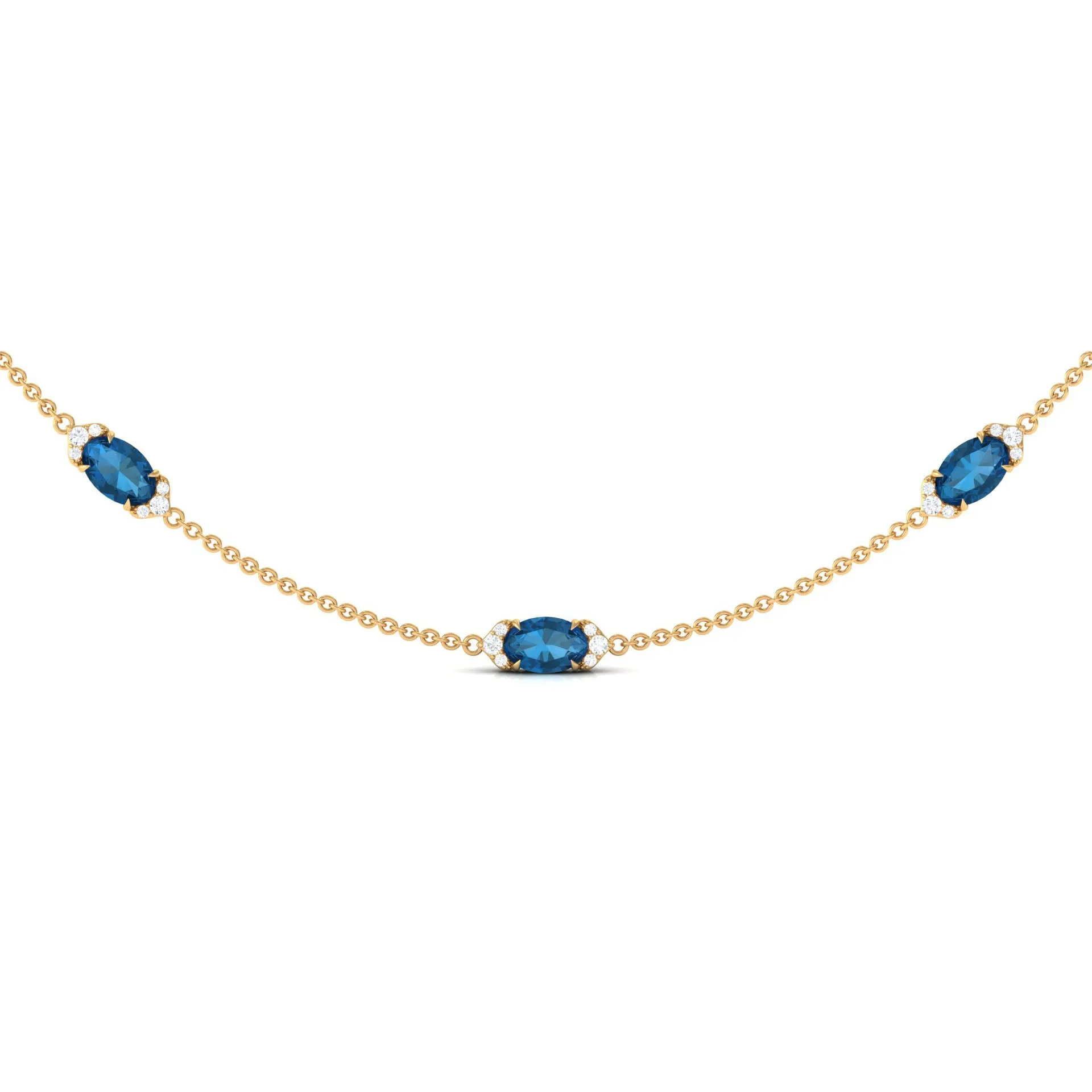 Real London Blue Topaz Station Chain Necklace with Diamond