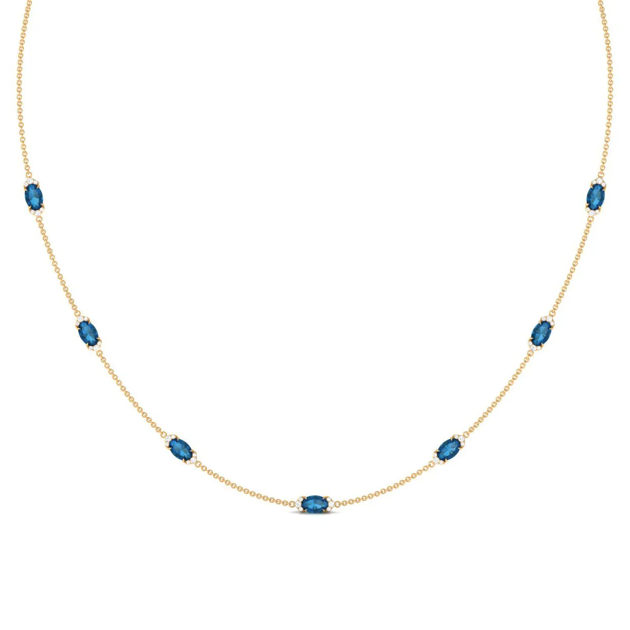 Real London Blue Topaz Station Chain Necklace with Diamond