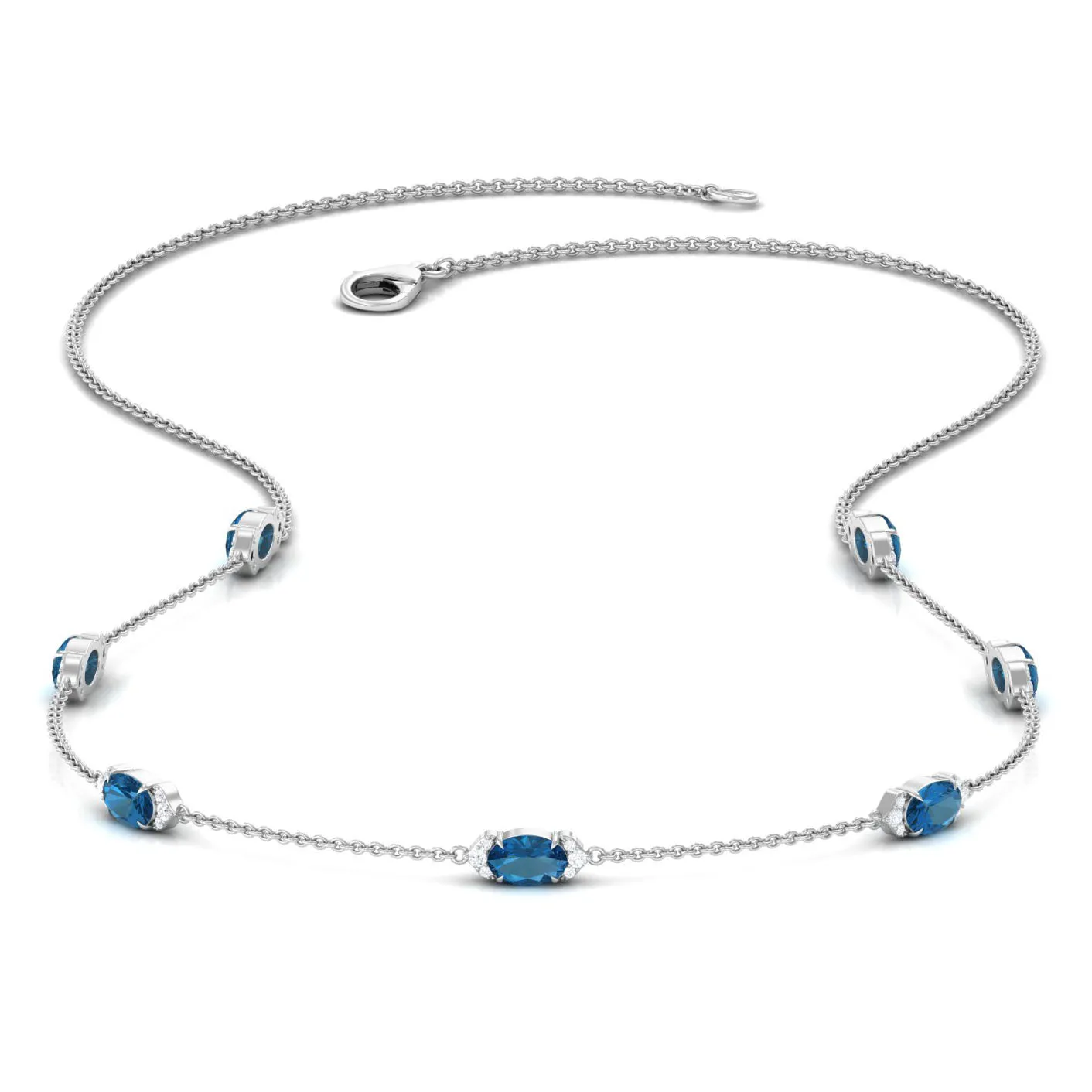 Real London Blue Topaz Station Chain Necklace with Diamond