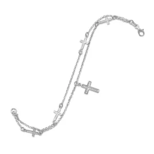 Rhodium Plated Double Strand Cross Charm Bracelet