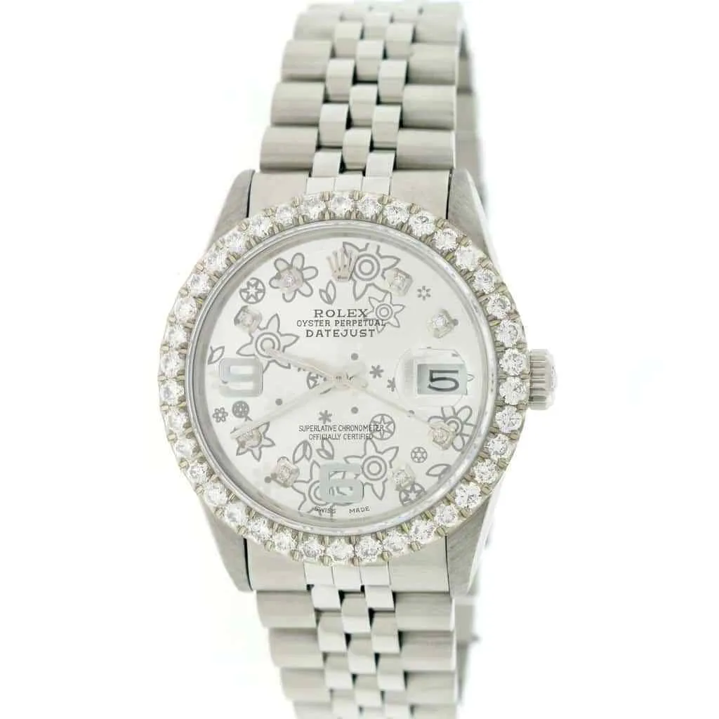 Rolex Datejust 36mm Jubilee Watch w/Silver Floral Diamond Dial &amp; 2.8CT Bezel TFJ-142508105