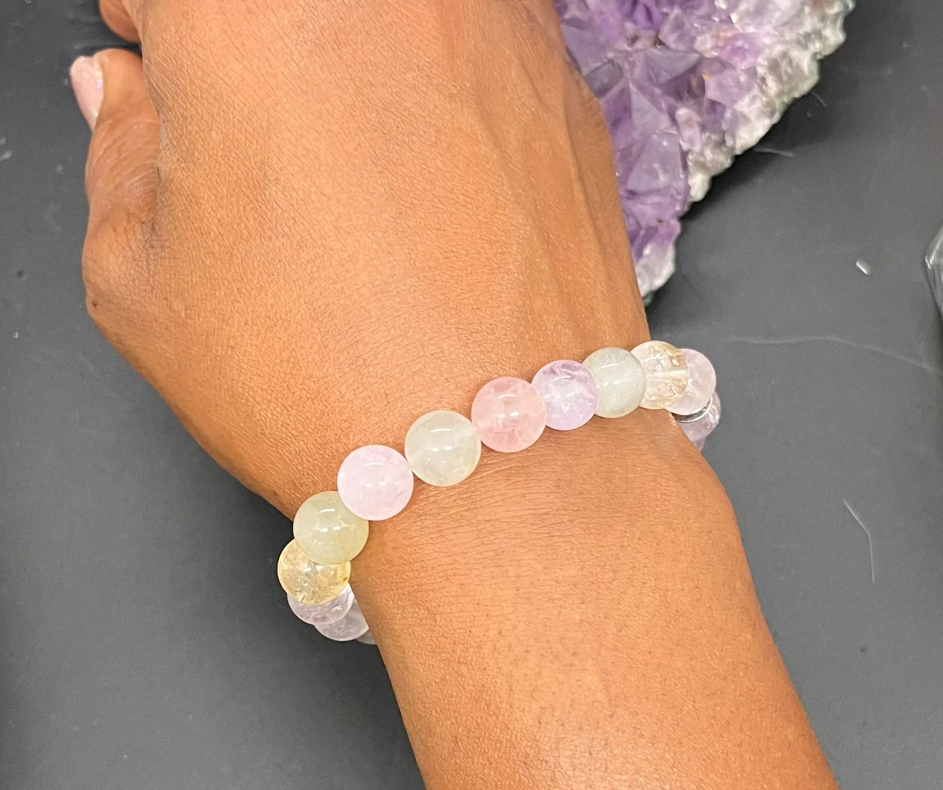 Rose Quartz, Amethyst, Citrine and Prehnite 10mm Stretchy Bracelet