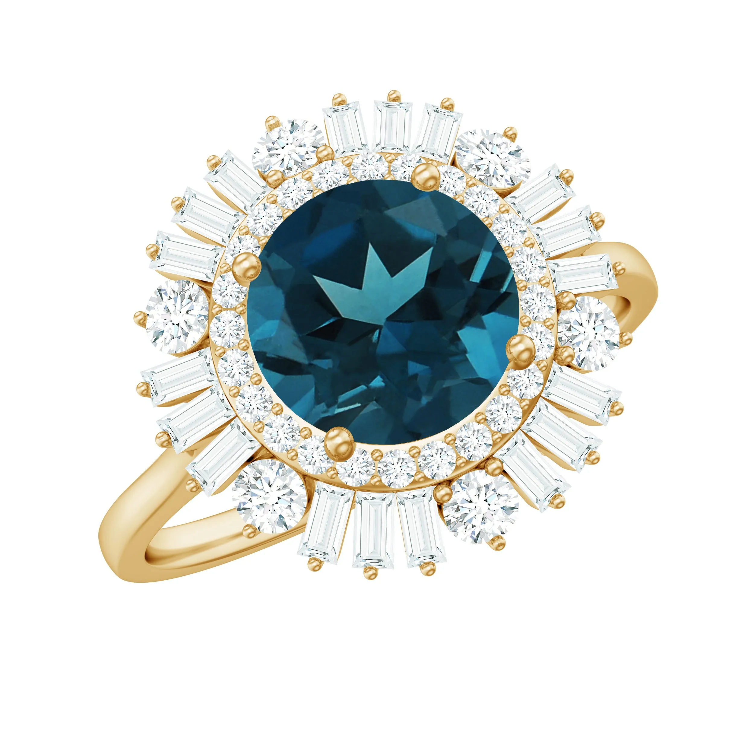 Round London Blue Topaz Cocktail Ring with Diamond Double Halo