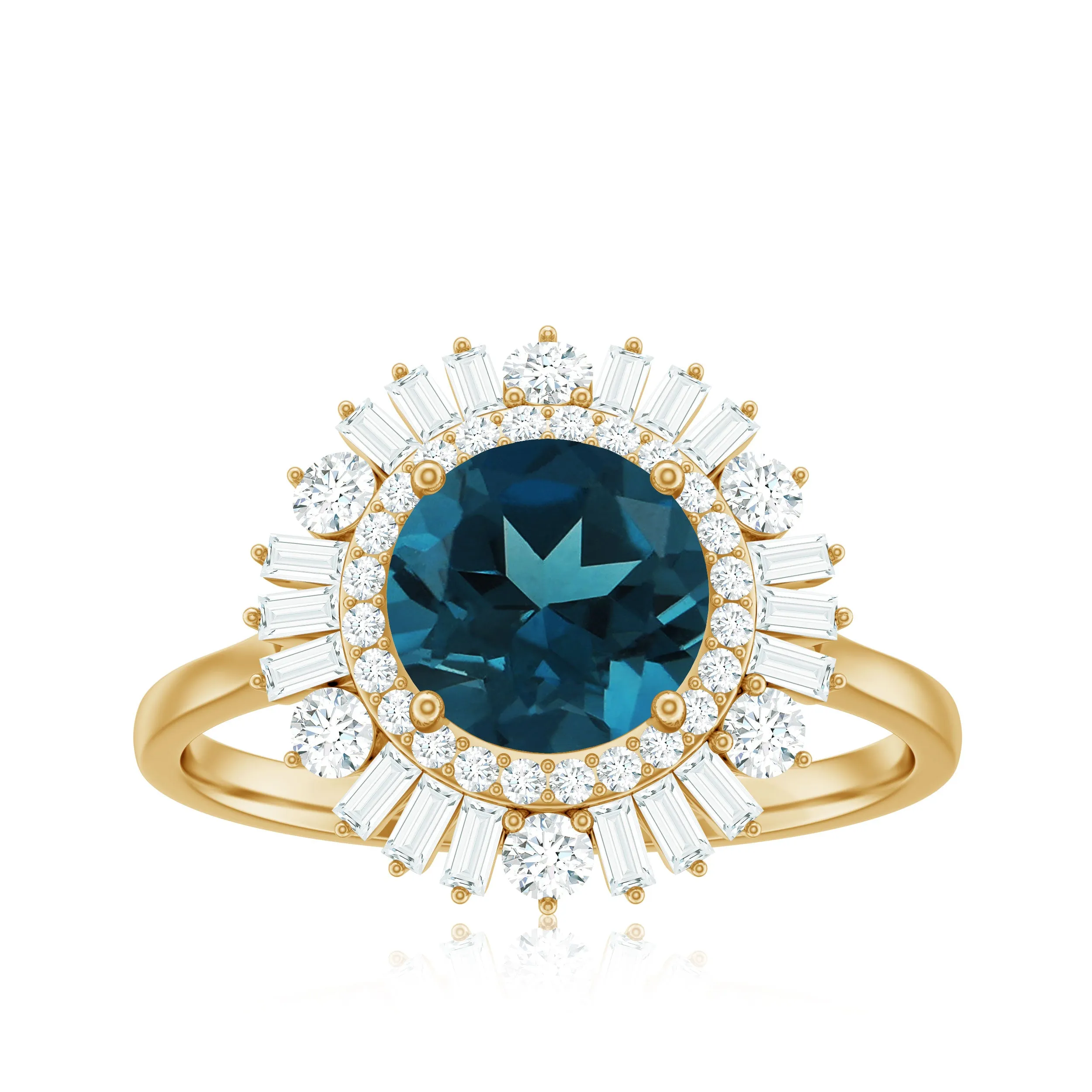 Round London Blue Topaz Cocktail Ring with Diamond Double Halo